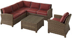 Crosley Furniture Bradenton 5-Piece Outdoor Sectional Sofa Wicker Conversation Patio Furniture Set for Deck, Brown with Sangria Cushions