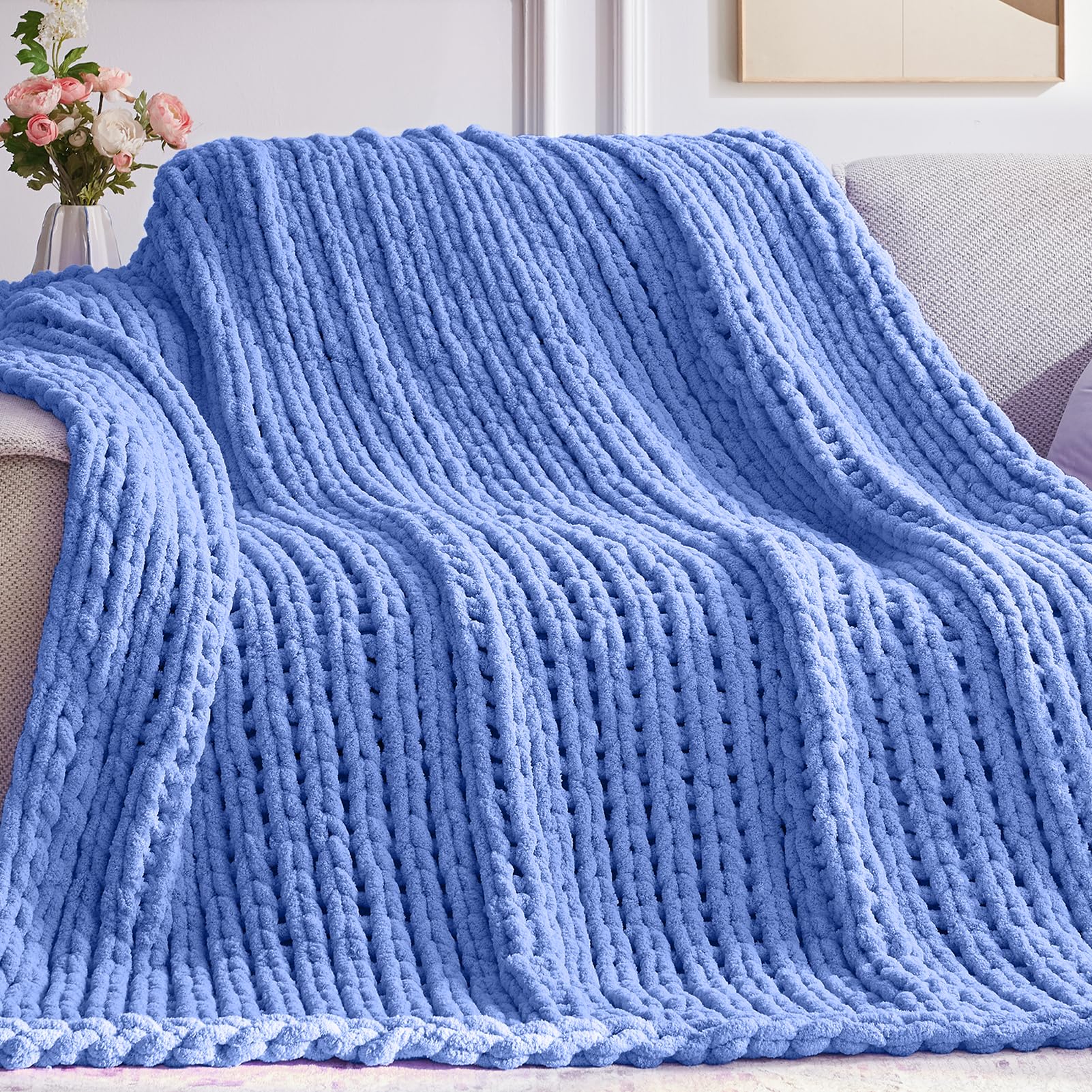 Negwoo Chunky Knit Throw Blanket, 30'*40' Knitted Throw Blankets For Bed Couch, Handmade Thick Light Blue Crochet Blanket Blan