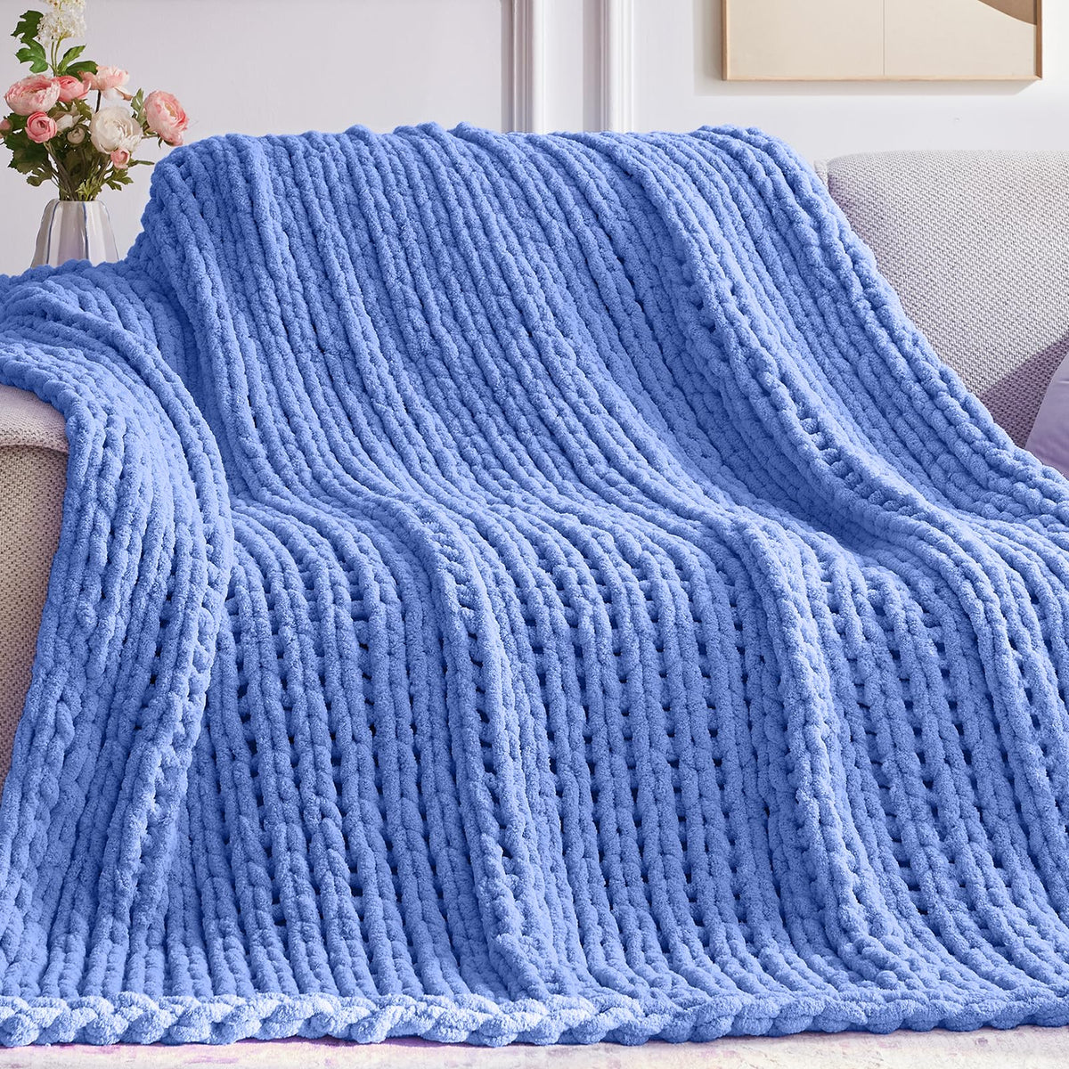 Negwoo Chunky Knit Throw Blanket, 30'*40' Knitted Throw Blankets For Bed Couch, Handmade Thick Light Blue Crochet Blanket Blan