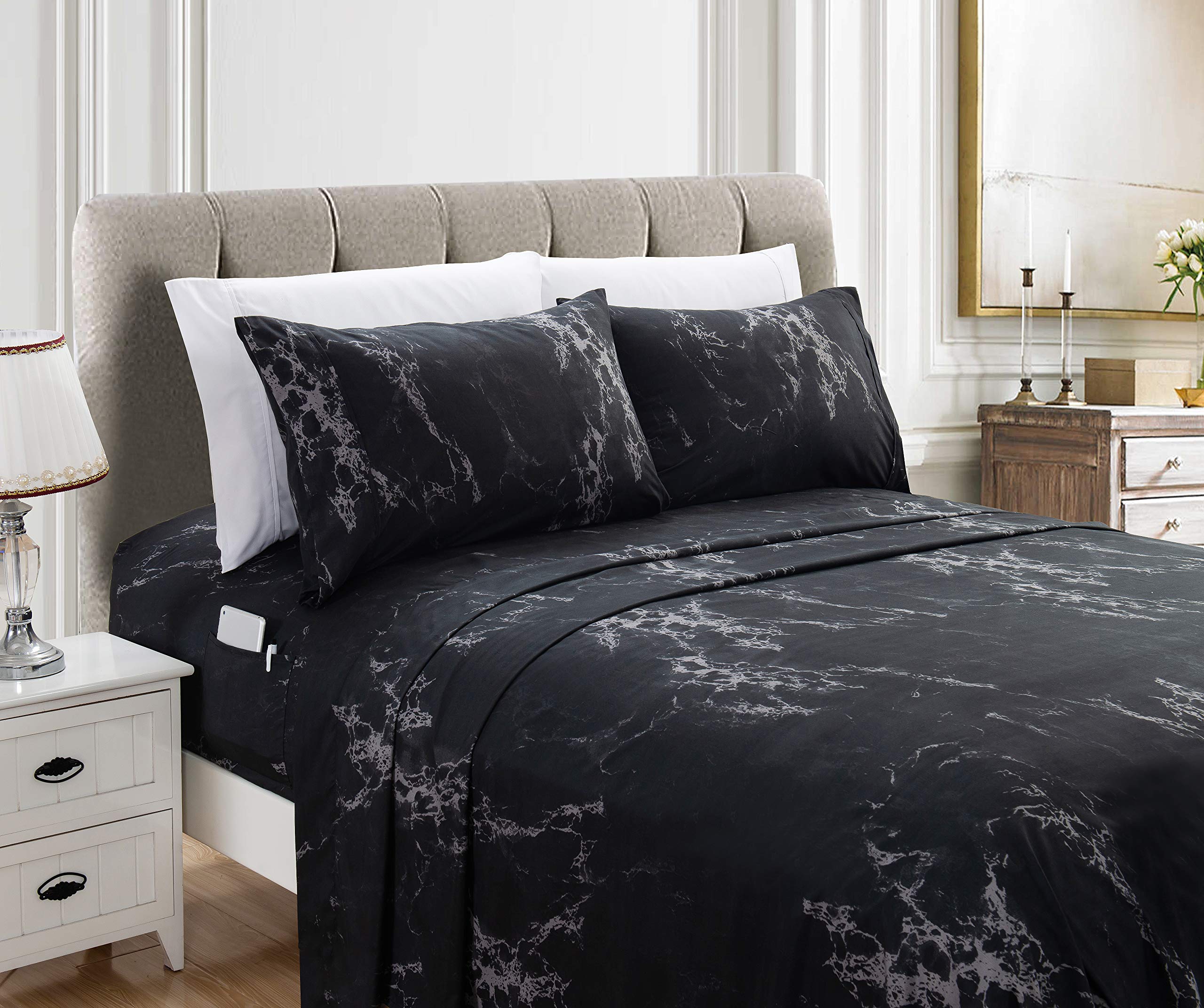 Elegant Comfort Eloise Marble Printed 4-Piece Sheet Set, 1500 Premium Hotel Quality Microfiber, Soft, Wrinkle And Fade Resistant, Fitted Sheets With Smart Pockets, Marble Sheet Set, Twin Xl, Black