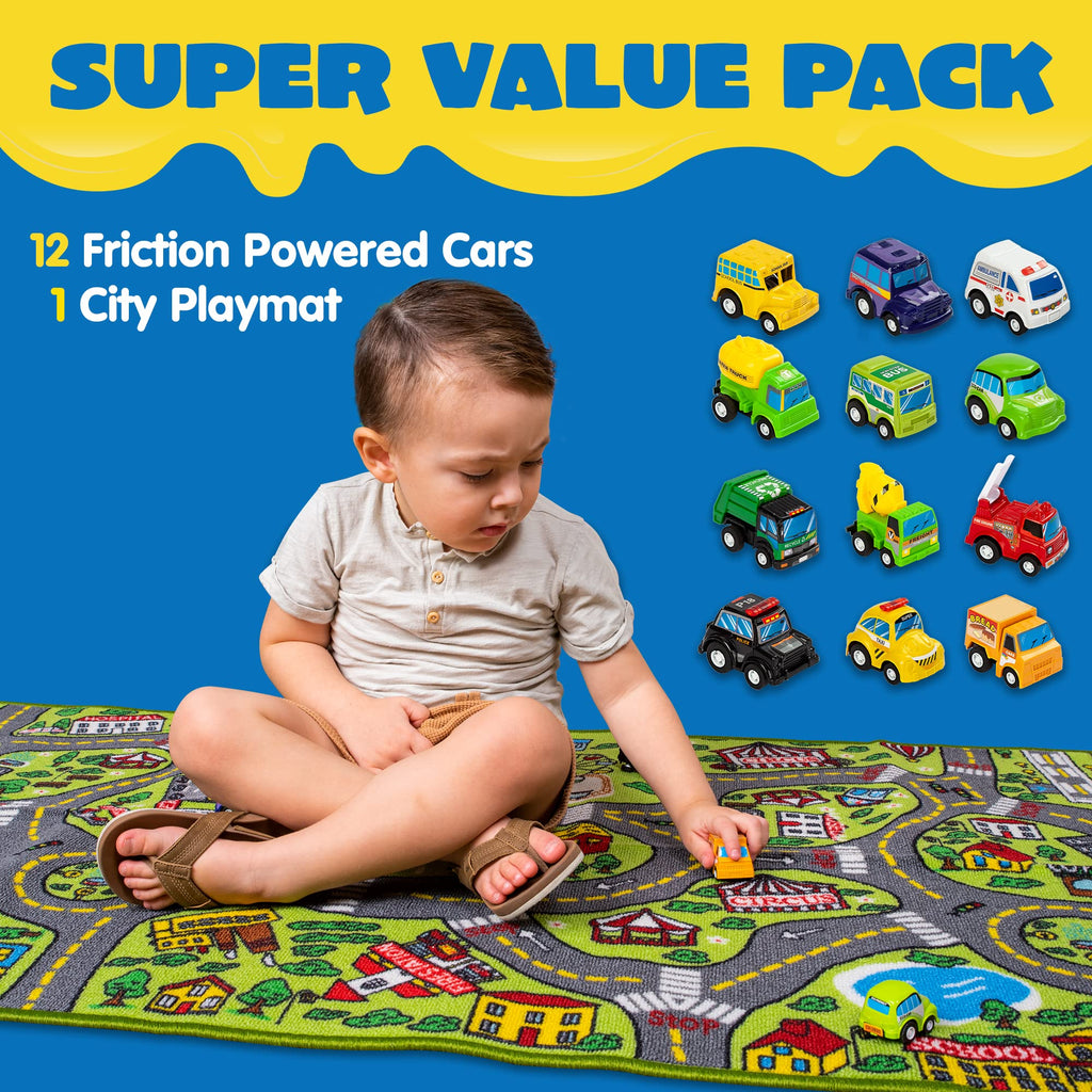 Joyin Kids Play Rugs - 12 Pull-Back Vehicle Set - Durable Carpet Playmat Rug - City Pretend Play - Toddler Car Track Rug