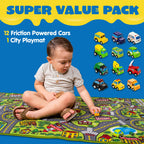 Joyin Kids Play Rugs - 12 Pull-Back Vehicle Set - Durable Carpet Playmat Rug - City Pretend Play - Toddler Car Track Rug