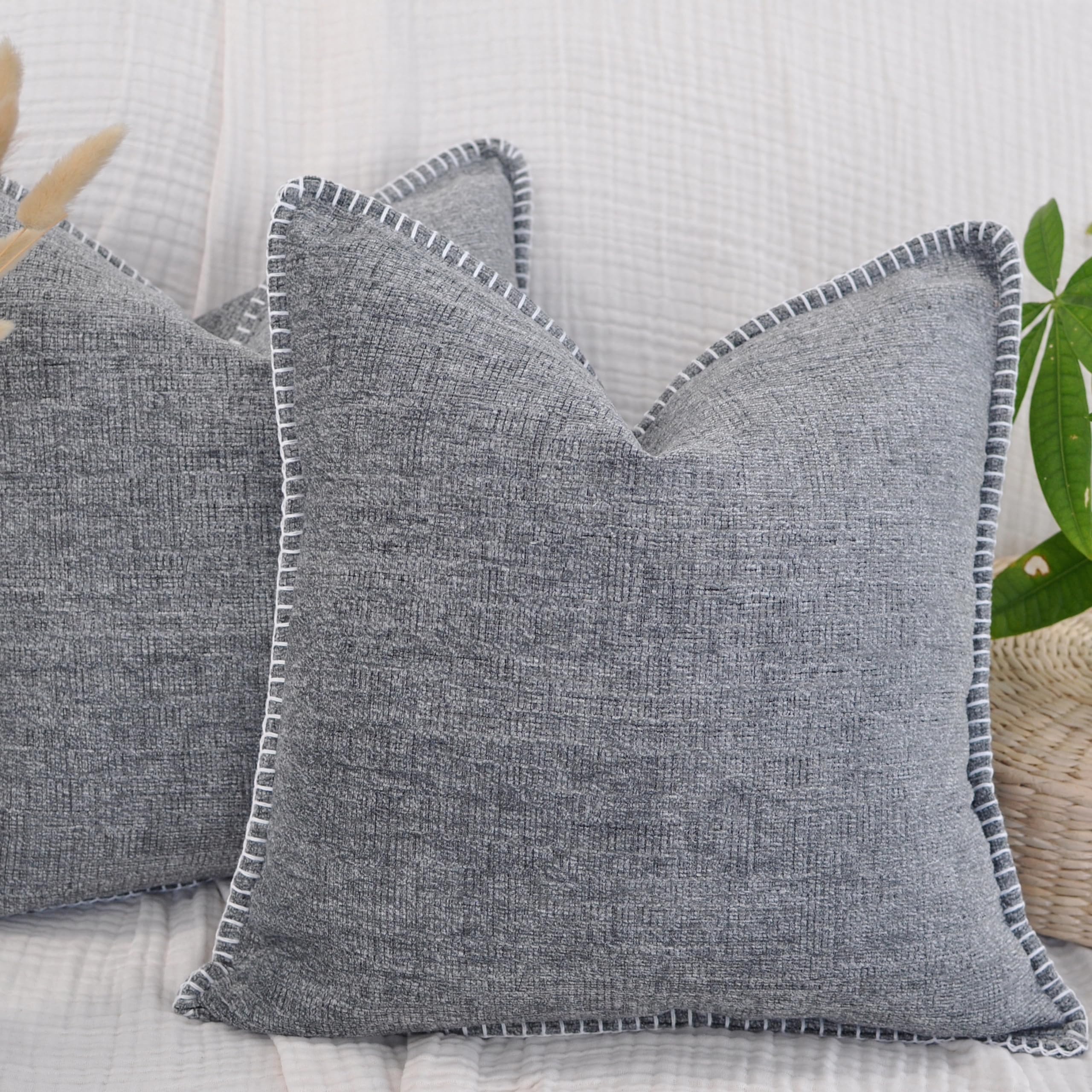 16X16 Pillow Covers Light Grey Set Of 2 Decor Pillow Covers Square, Textured Soft Chenille Gray Cushion Covers With Trim Edge, D
