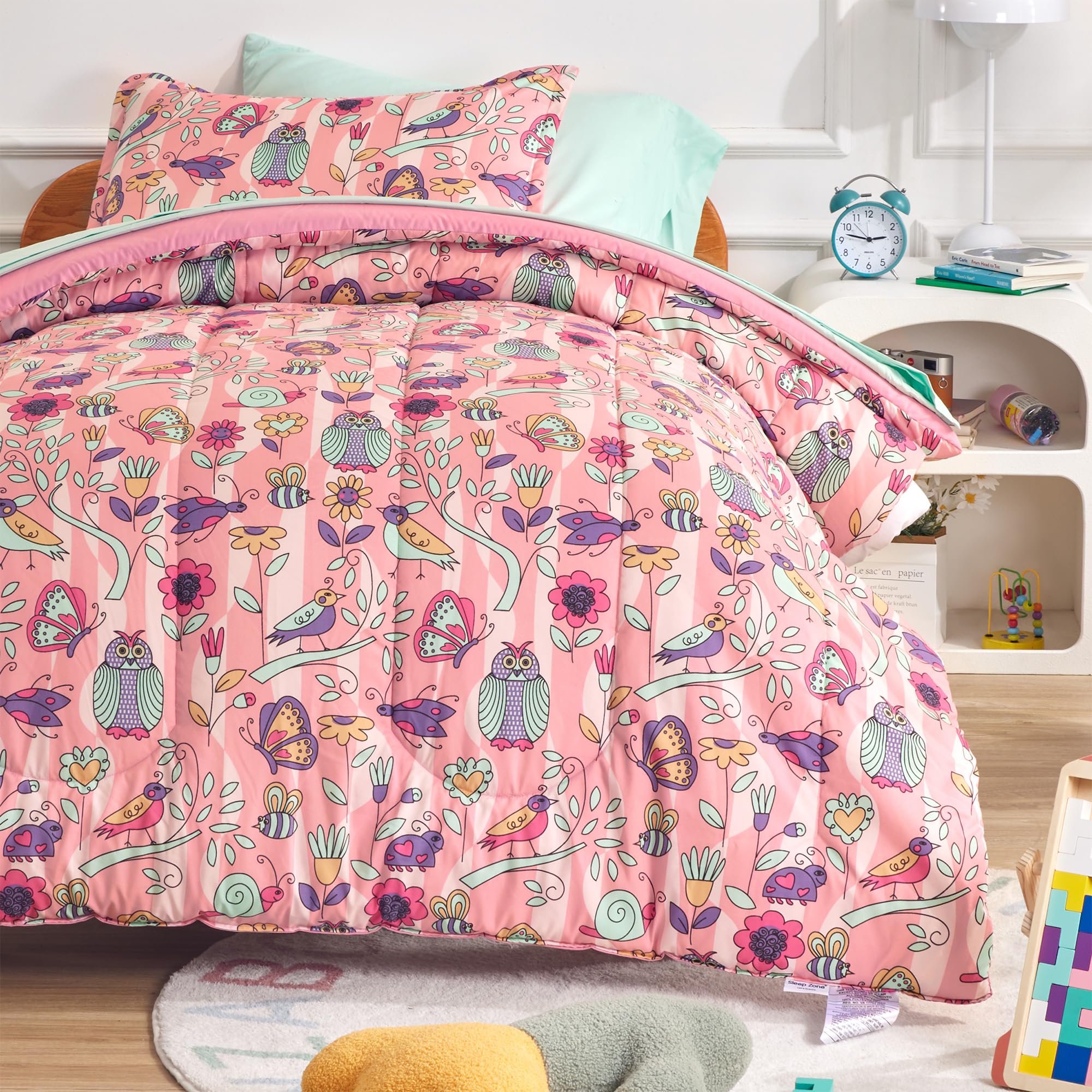 SLEEP ZONE Comforter Set Bed in A Bag, 7 Pieces Girls, Cattoon Pattern for Kids, Toddlers, Teens, Ultra Soft and Washable (Garde