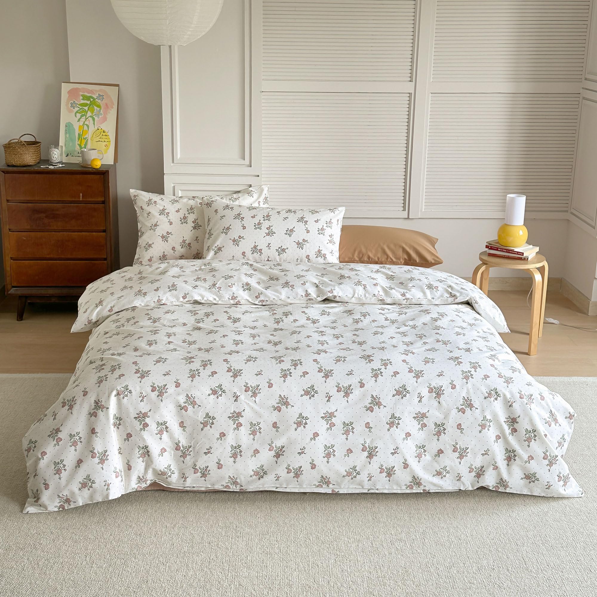 Aojim Kids Adults Aesthetic Duvet Cover Set For Room Decor, Pure Cotton Comforter Cover Set 3Pcs With Red Floral Pattern, 1 Supe