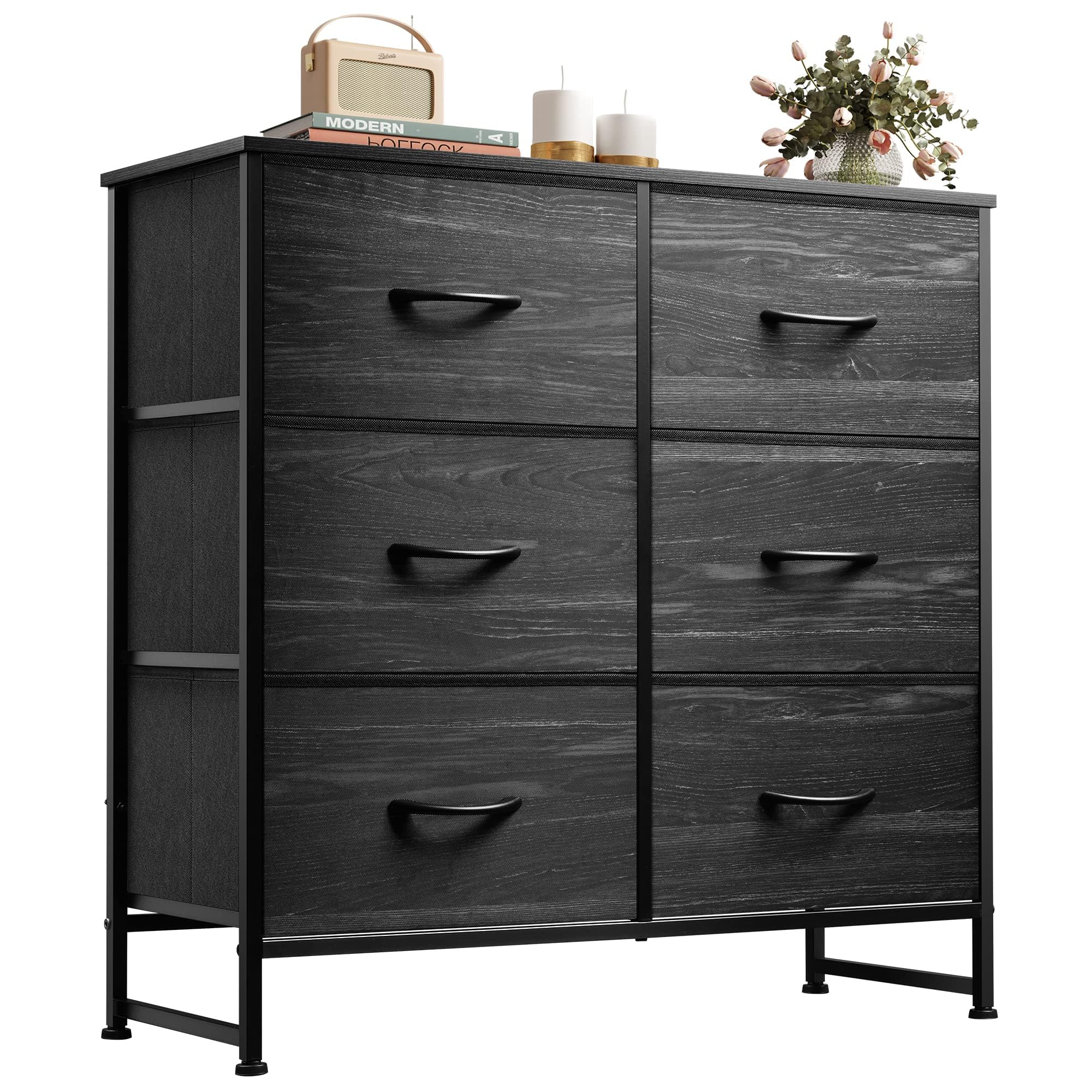 Wlive Black Dresser For Bedroom, 6 Drawer Double Dresser, Fabric Storage Tower With Fabric Bins, Chest Of Drawers For Closet, Living Room, Hallway