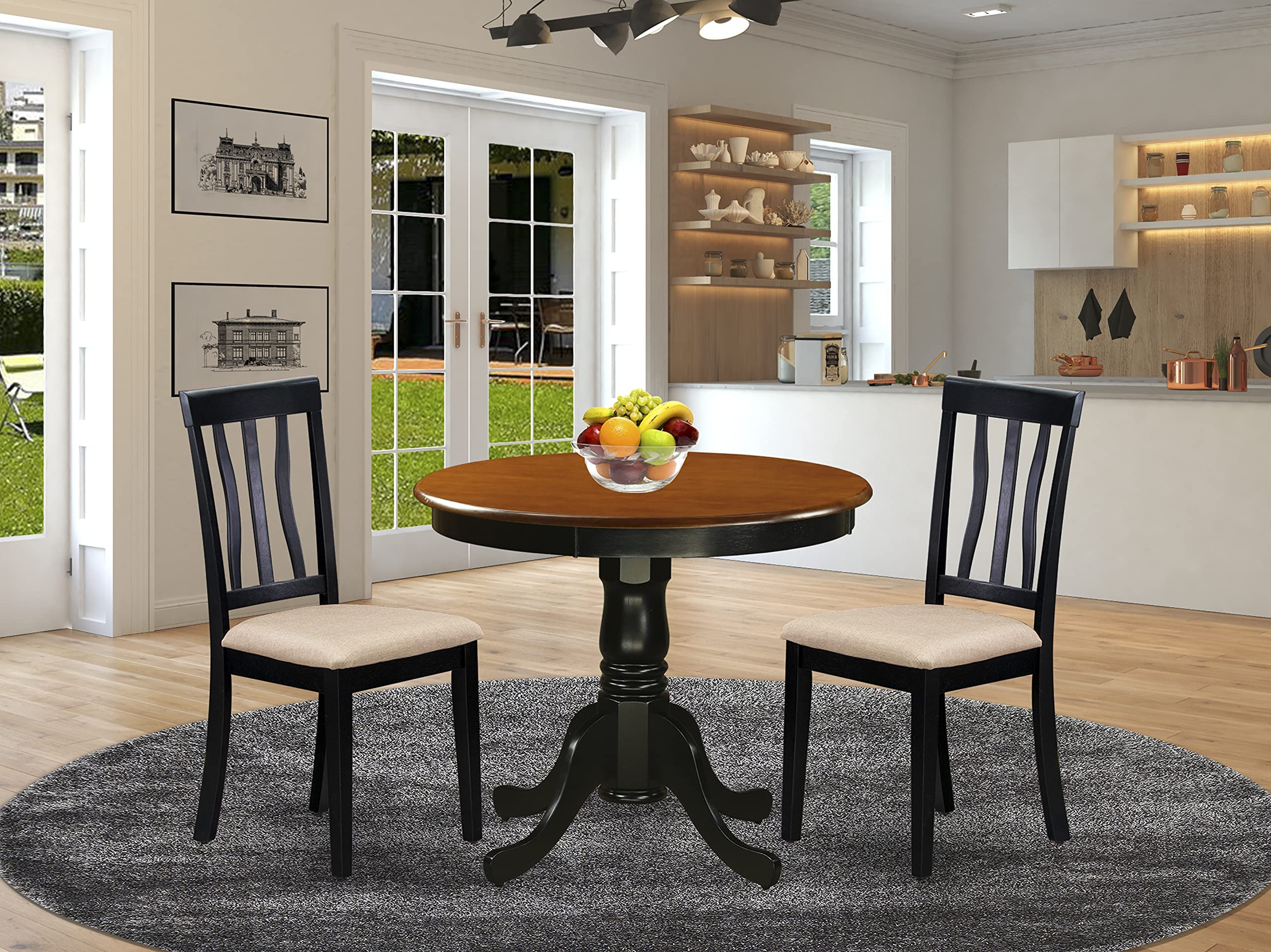 East West Furniture ANTI3-BLK-C 3 Piece Kitchen Table Set for Small Spaces Contains a Round Dining Room Table with Pedestal and 2 Linen Fabric Upholstered Chairs, 36x36 Inch, Black & Cherry
