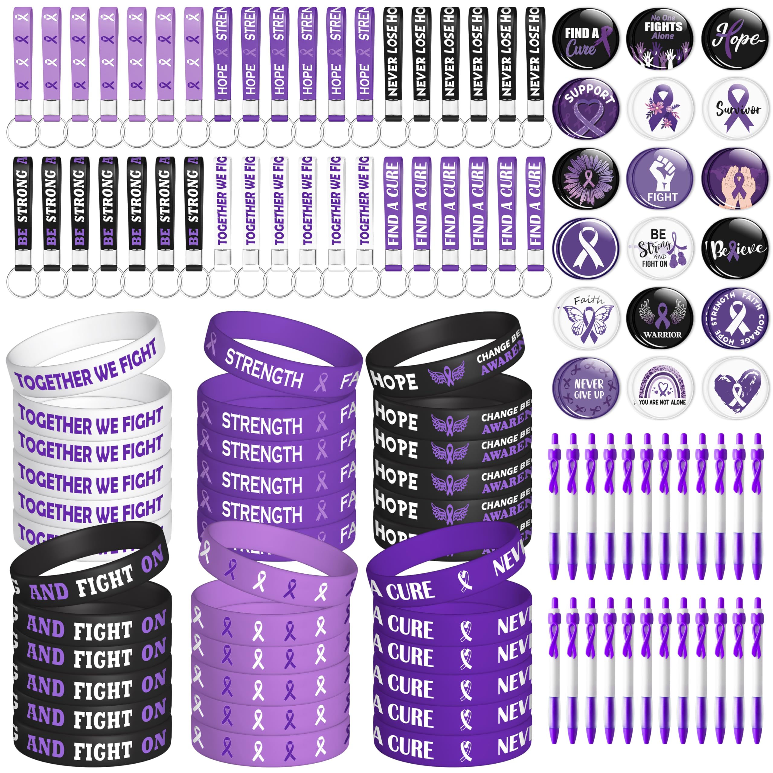 WATINC Ribbons Awareness Accessories Kits - 144PCS Purple Ribbon Week Awareness Set 36 Silicone Bracelets 36 Rubber Keychains 36