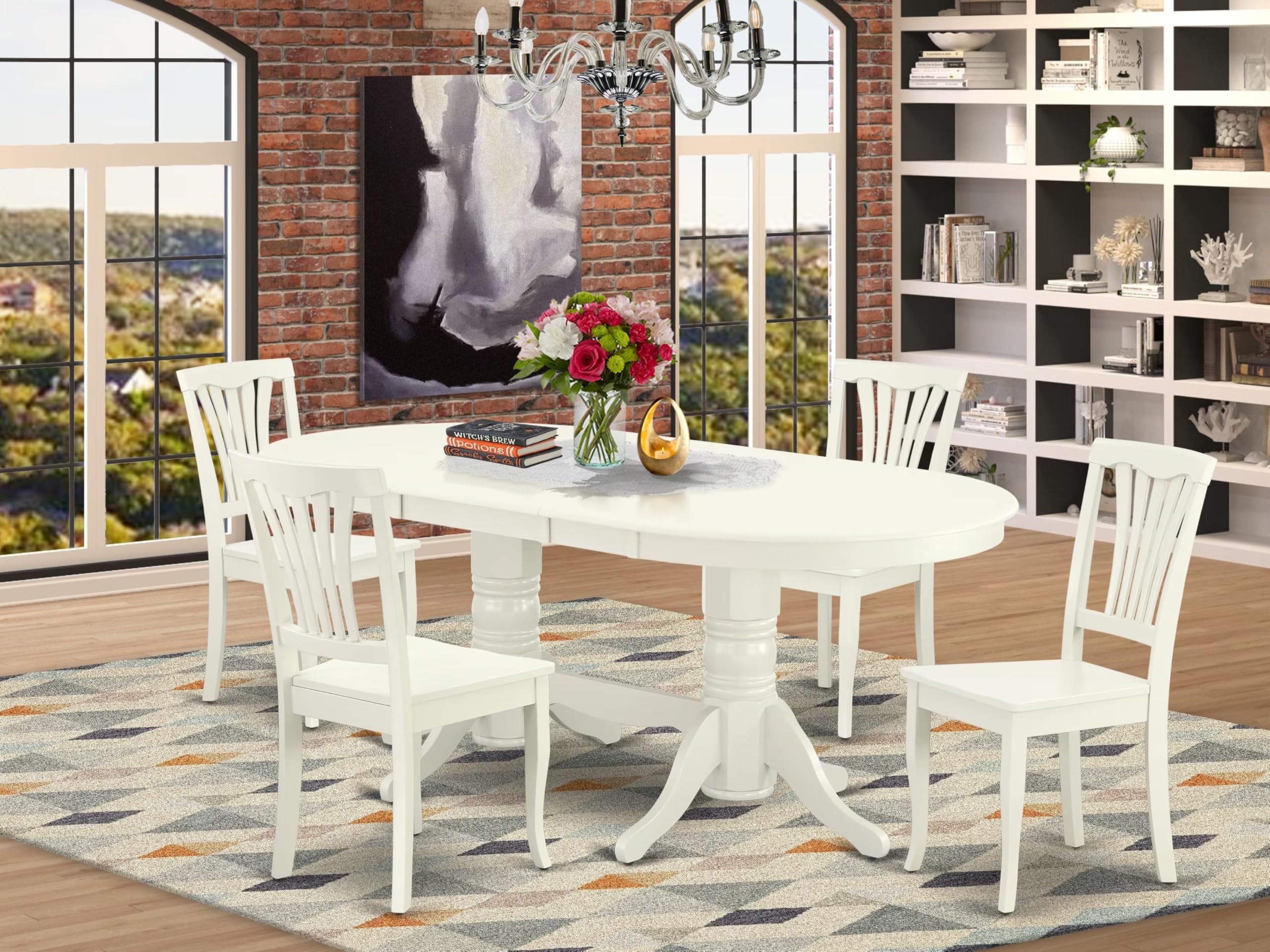 East West Furniture Vaav5-Lwh-W 5 Piece Dinette Set For 4 Includes An Oval Dining Room Table With Butterfly Leaf And 4 Kitchen Dining Chairs, 40X76 Inch, Linen White