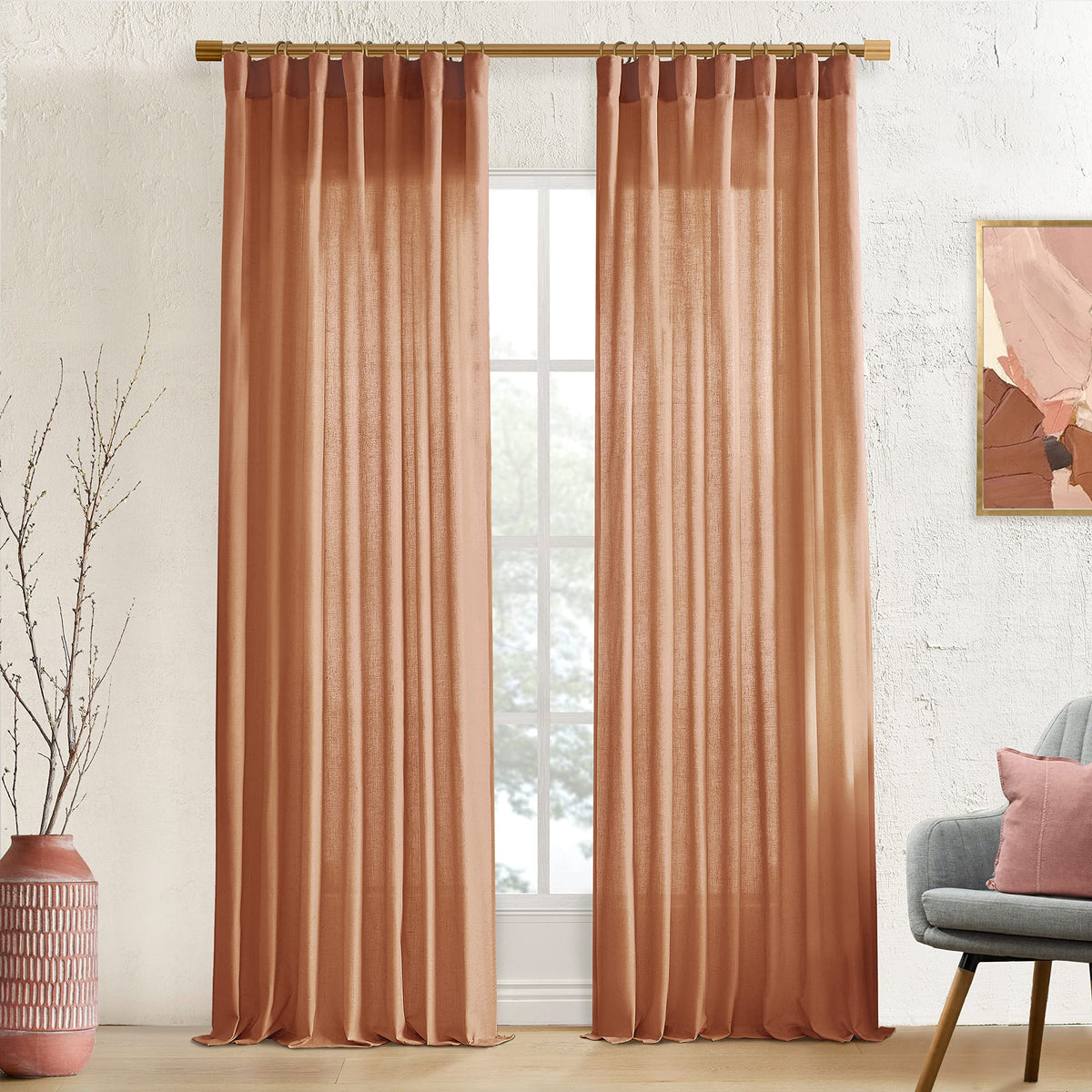 Xtmyi Rusty Burnt Orange Curtains 2 Panels,Sheer Linen Medium Dusty Mecca Ocher Tone Rustic Cabin Curtains For Bedroom Living Ro