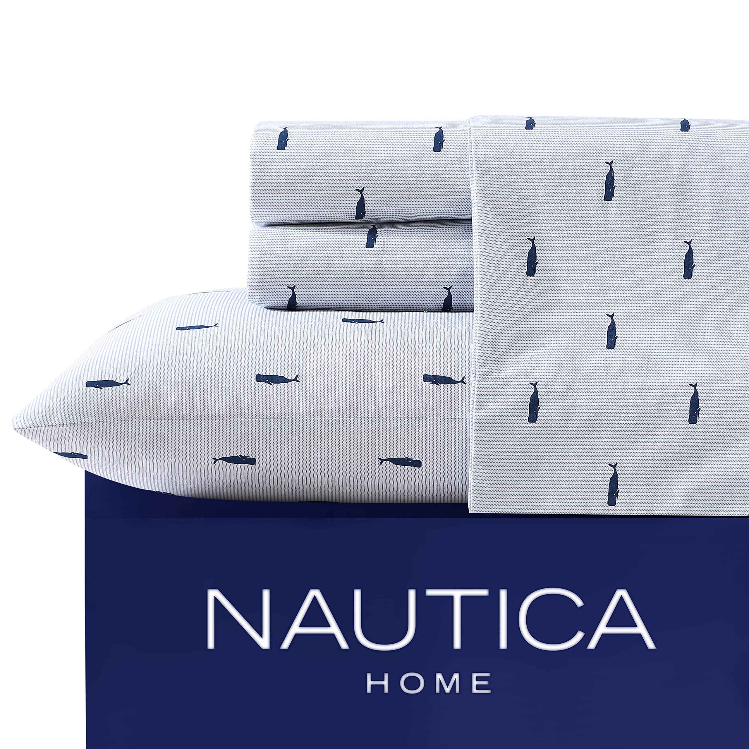 Nautica - Full Size Sheet Sets, Cotton Percale Bedding, Crisp & Cool, Coastal Home Decor (Whale Stripe Blue, Full)