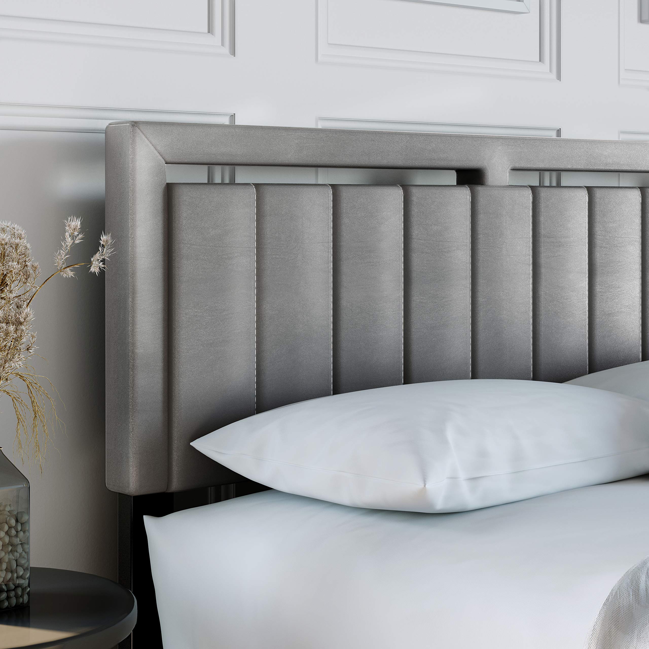 Boyd Sleep Beaumont Upholstered Platform Bed with Headboard, Mattress Foundation with Strong 14 Wood Slat Supports, No Box Spring Required, Gray Faux Leather, Size Queen