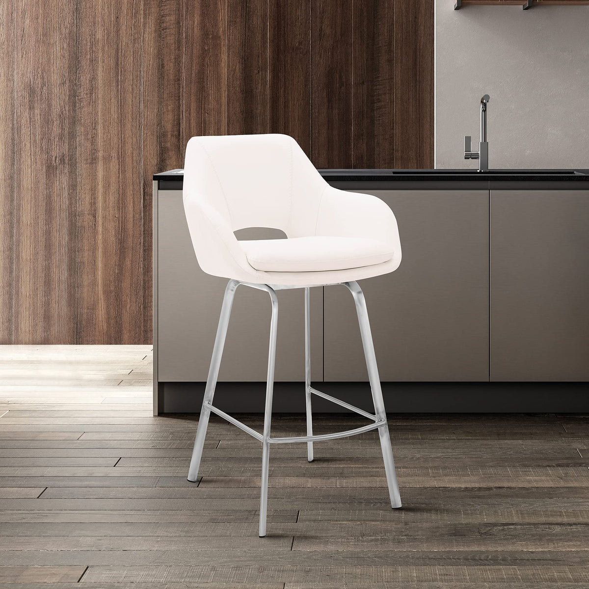 Armen Living Aura White Faux Leather and Brushed Stainless Steel Swivel 26 Counter Stool