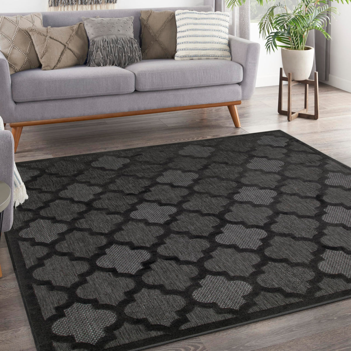 Nourison Easy Care Indoor/Outdoor Charcoal Black 9' X Square Area Rug, Easy Cleaning, Non Shedding, Bed Room, Living Room, Dining Room, Backyard, Deck, Patio (9 Square)