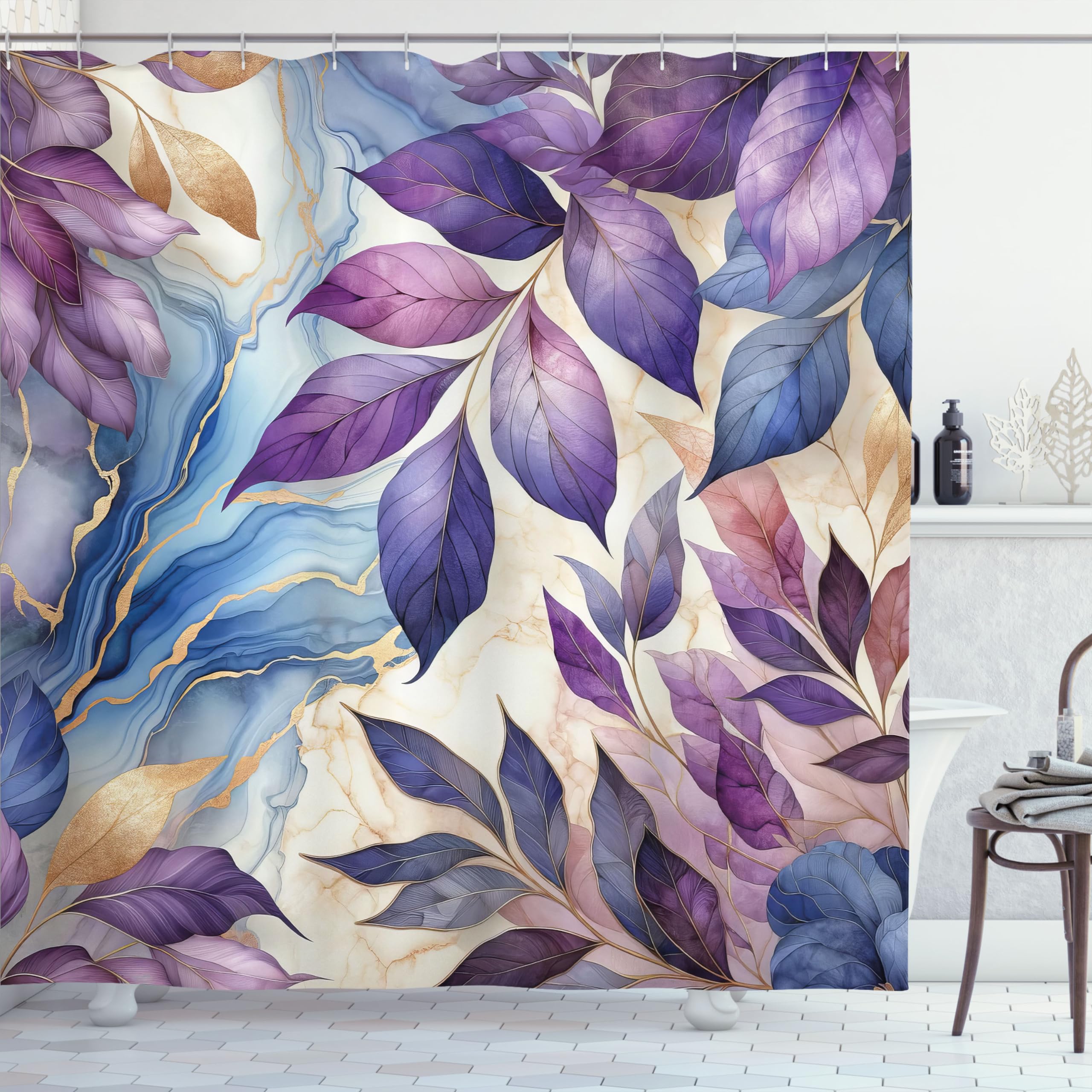 Ambesonne Purple Shower Curtain, Leaves Dancing In The Wind Art On A Marble Print Background In Warm Tones, Cloth Fabric Bathroo