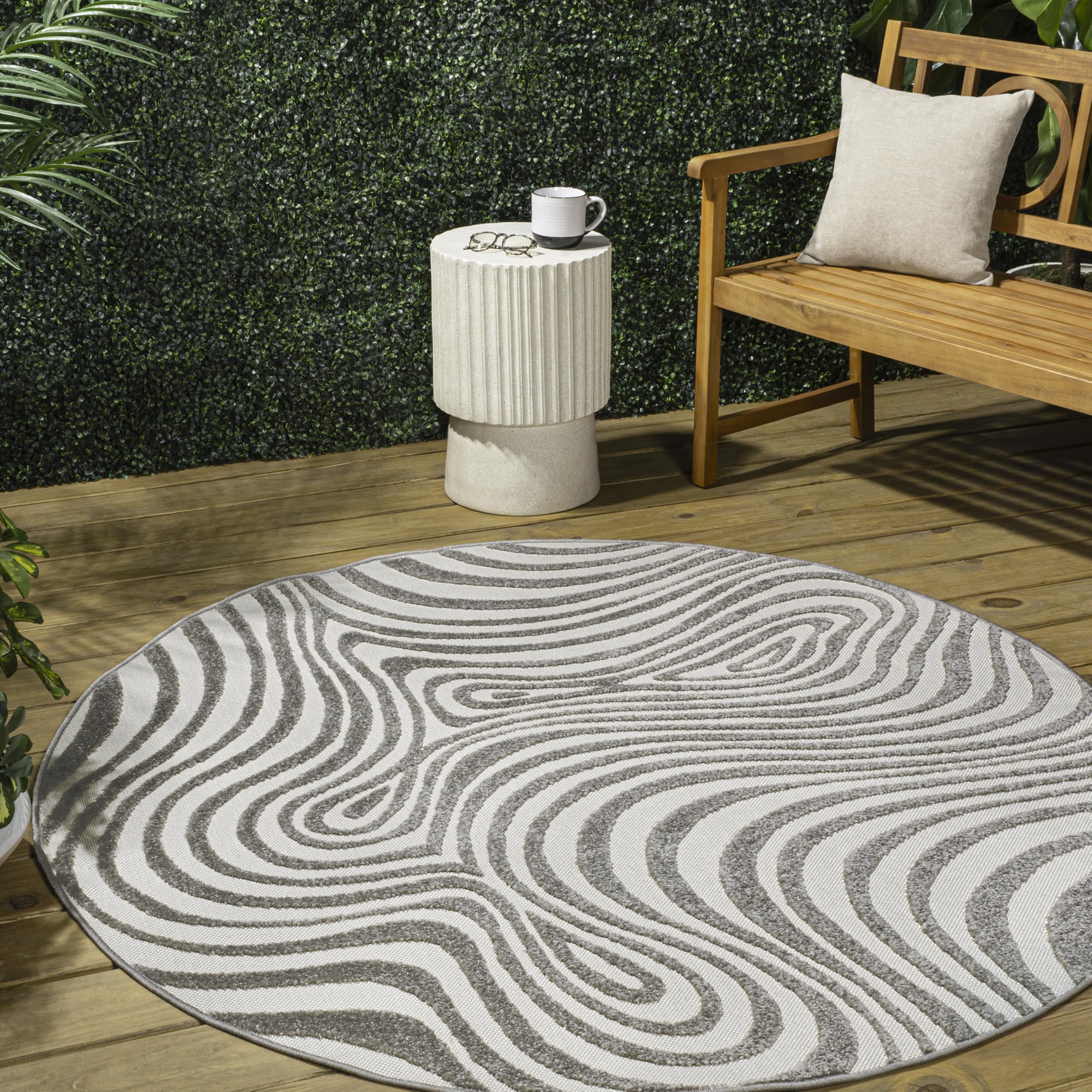 Jonathan Y Scn103B-7R Maribo High-Low Abstract Groovy Striped Gray/Ivory 7' Round Indoor/Outdoor Area Rug, Pet Friendly, Non-She