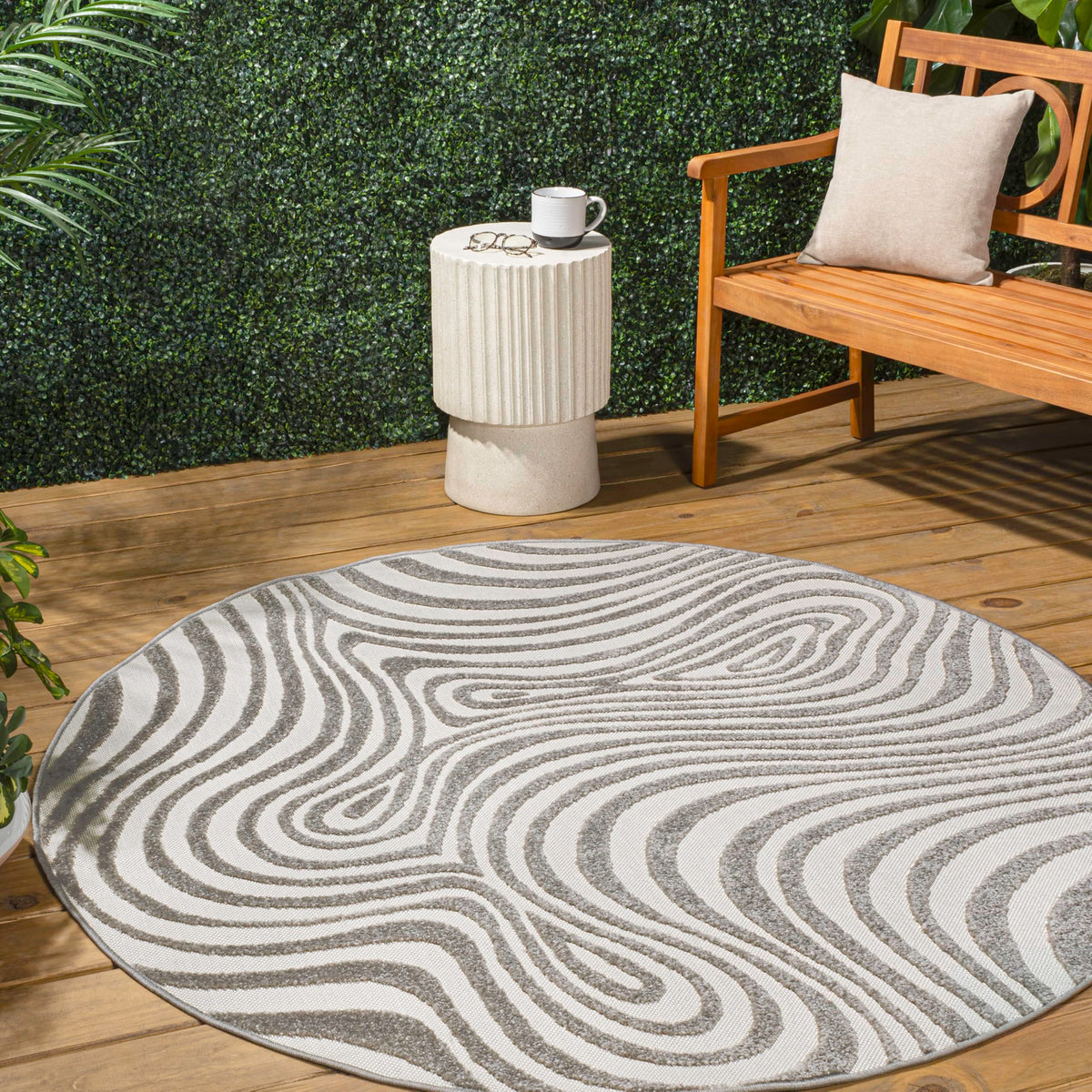 Jonathan Y Scn103B-7R Maribo High-Low Abstract Groovy Striped Gray/Ivory 7' Round Indoor/Outdoor Area Rug, Pet Friendly, Non-She