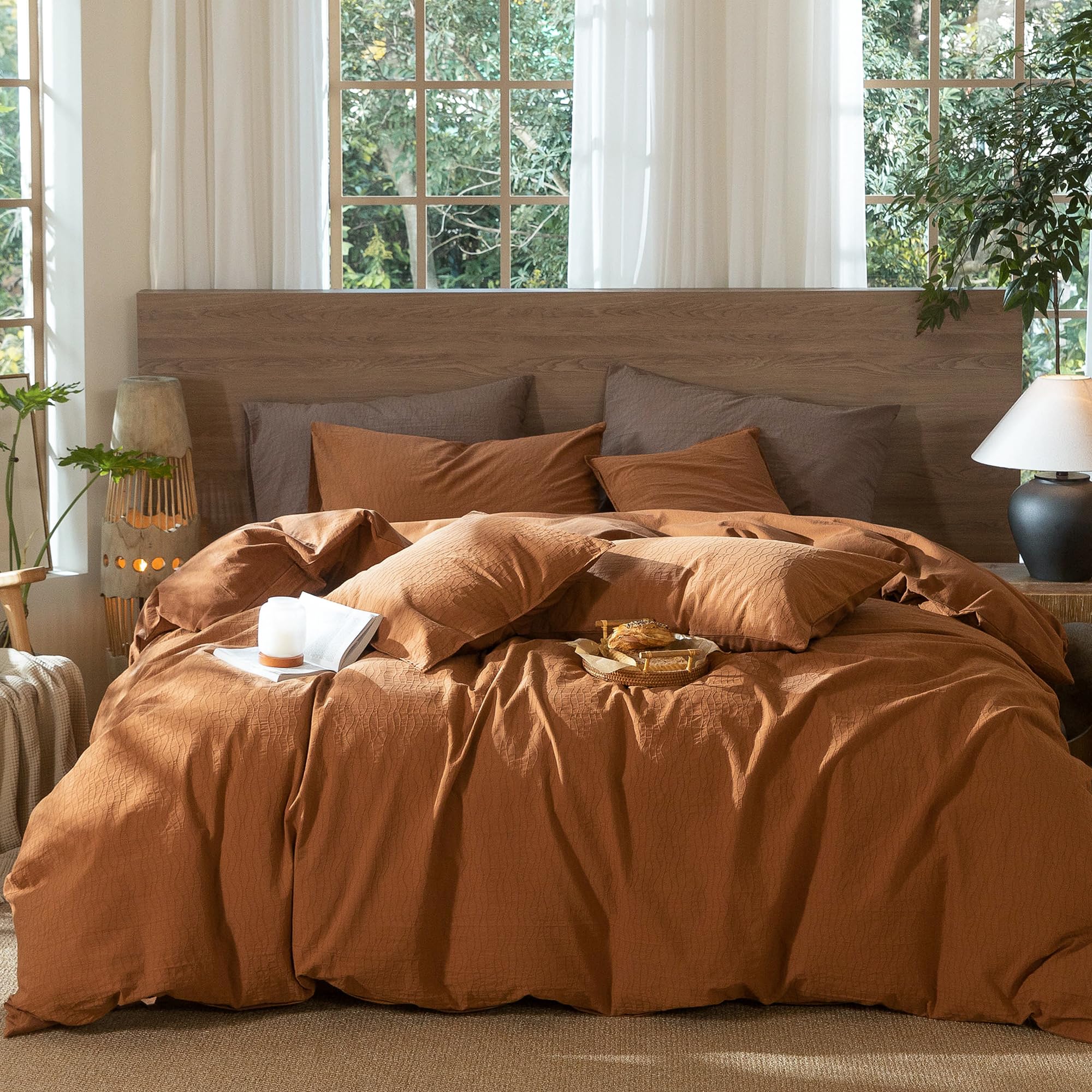 MooMee Wavy Striped Duvet Cover Set 100% Washed Cotton Linen Like Textured Breathable Durable Soft Comfy (Dark Orange, Super Que