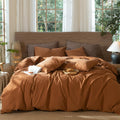MooMee Wavy Striped Duvet Cover Set 100% Washed Cotton Linen Like Textured Breathable Durable Soft Comfy (Dark Orange, Oversized