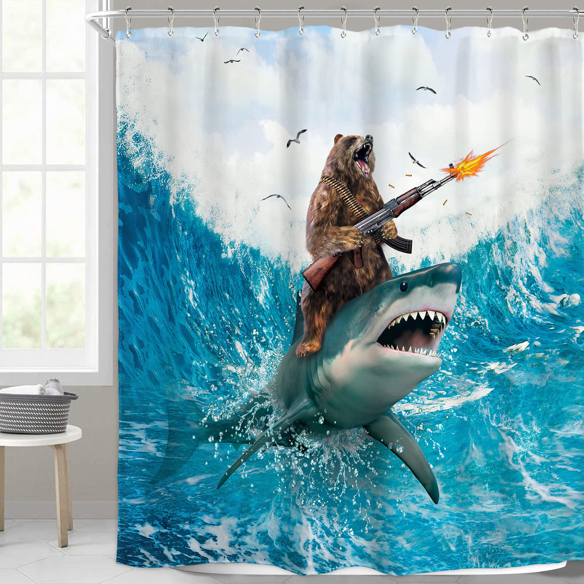 Homewelle Funny Humor Shower Curtain Shark Bear Riding Surfing Cool Animal Beach Blue Waves Ocean Birds Clouds Boys Men Art 72Wx