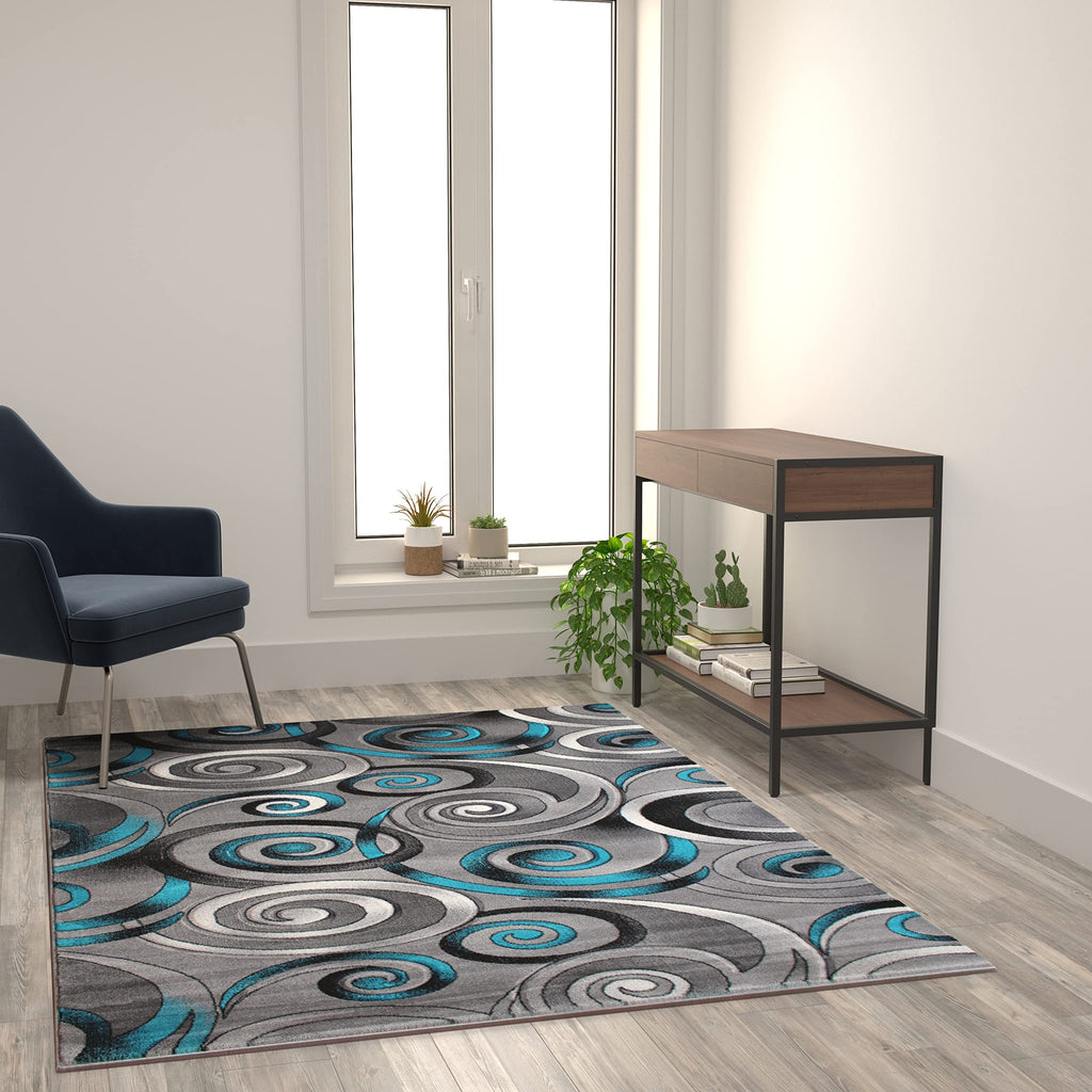 Flash Furniture Masie Collection Olefin Area Rug - Turquoise Swirl - 5' X 7' - Jute Backing - Entryway, Living Room, Bedroom
