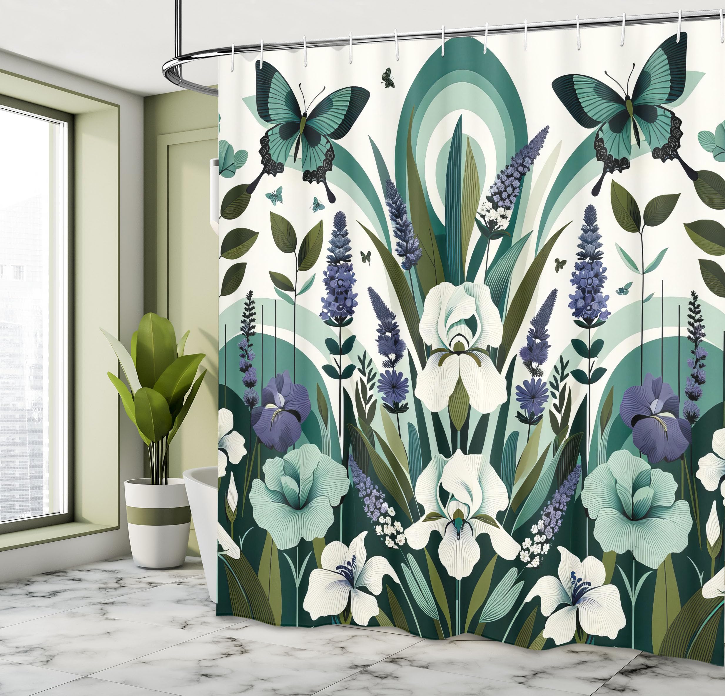 Ambesonne Teal Shower Curtain, Curving Leaves And Floral Mirage With Iris Lavender Eucalyptus Butterfly, Cloth Fabric Bathroom D