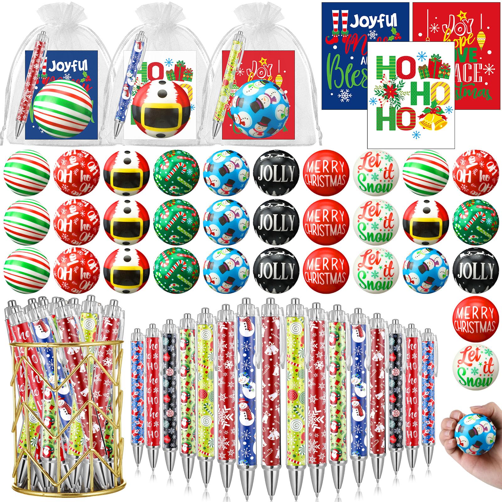 Spakon 128 Pcs Christmas Stress Ball and Ballpoint Pens with Gift Cards Set White Organza Bag Mini Stress Relief Fidget Xmas Gif