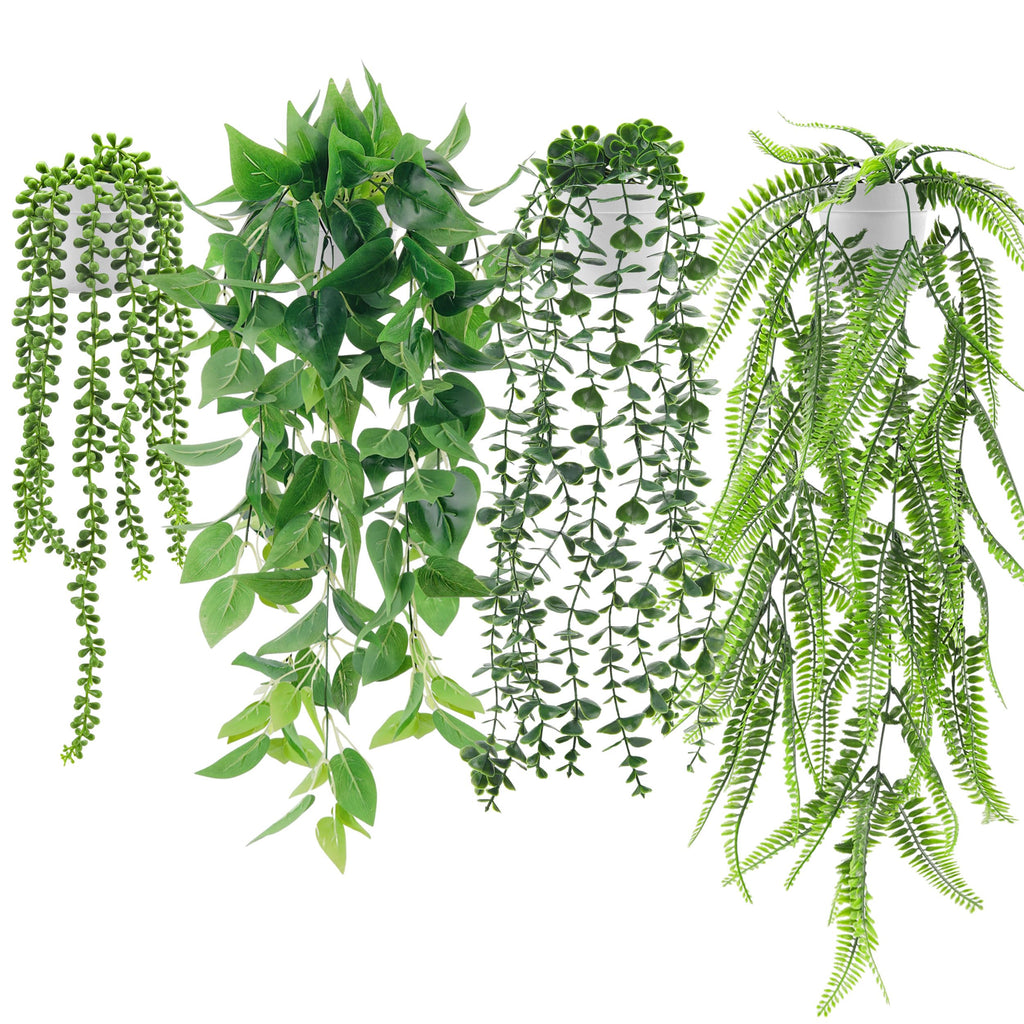 Der Rose 4 Pack Fake Plants Hanging with Pots Artificial Ivy Vine Faux Eucalyptus Hanging Plants, Boston Fern, String of Pearls 