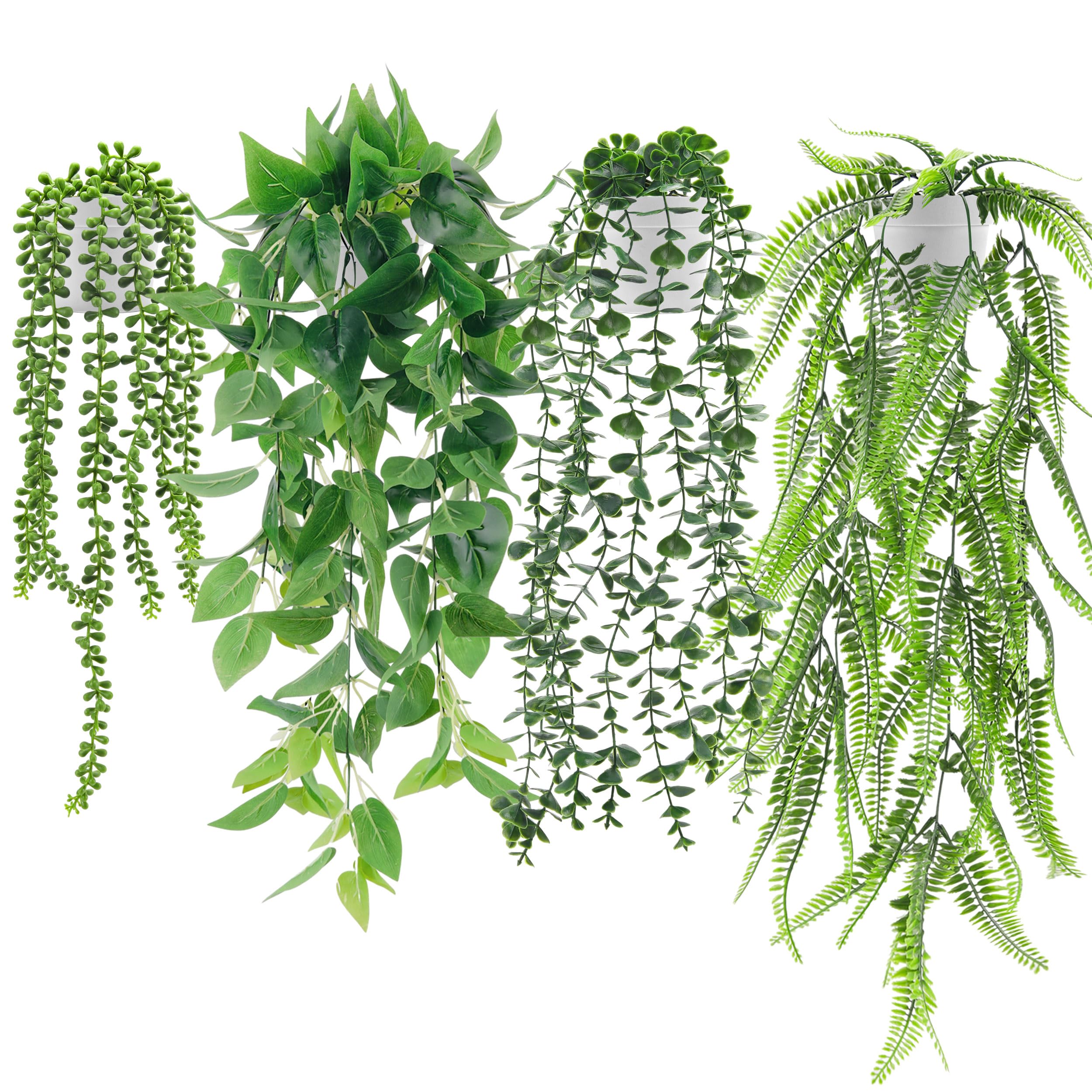 Der Rose 4 Pack Fake Plants Hanging with Pots Artificial Ivy Vine Faux Eucalyptus Hanging Plants, Boston Fern, String of Pearls 