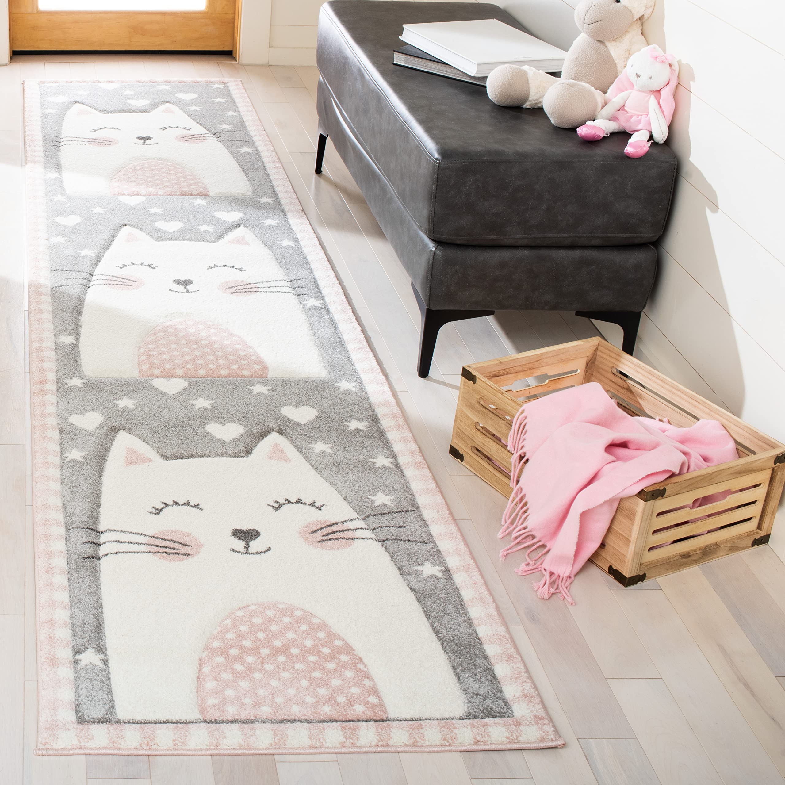 SAFAVIEH Carousel Kids Collection Runner Rug - 2 x 8, Pink & Grey, Cat Design, Non-Shedding & Easy Care, Ideal for High Traffi