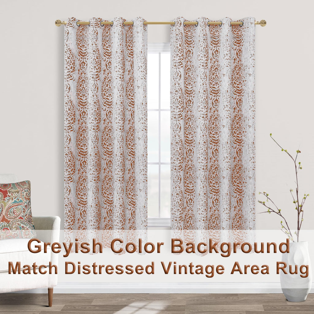 Mrs.Naturall Rusty Orange Curtains 63 Inch Length For Bedroom 2 Panels Grommet Burnt Orange Medallion Patterned Damask Moroccan Design Semi Sheer Drapes For Living Room,Terracotta And Gray Cream