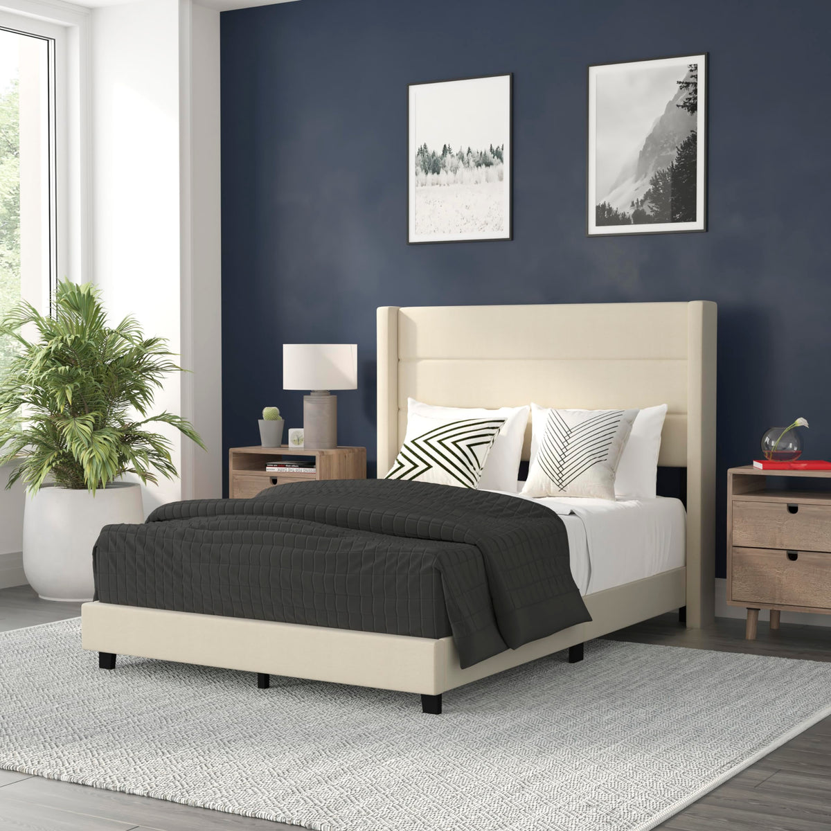 Flash Furniture Hollis Upholstered Platform Bed - Beige Faux Linen Wingback Headboard - Full - Mattress Foundation with Slatted Supports - No Box Spring Needed