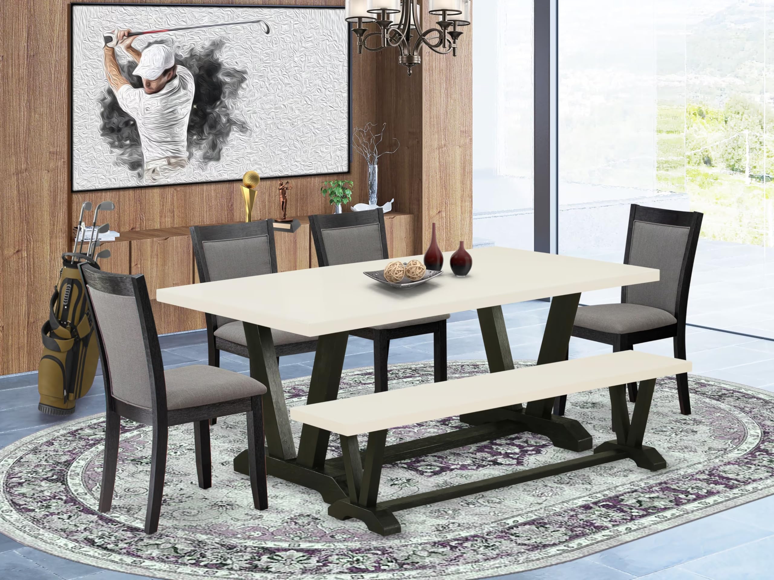 East West Furniture V627MZ650-6 6 Piece Modern Dining Table Set Contains a Rectangle Wooden Table and 4 Dark Gotham Grey Linen Fabric Parson Chairs with a Bench, 40x72 Inch, Multi-Color