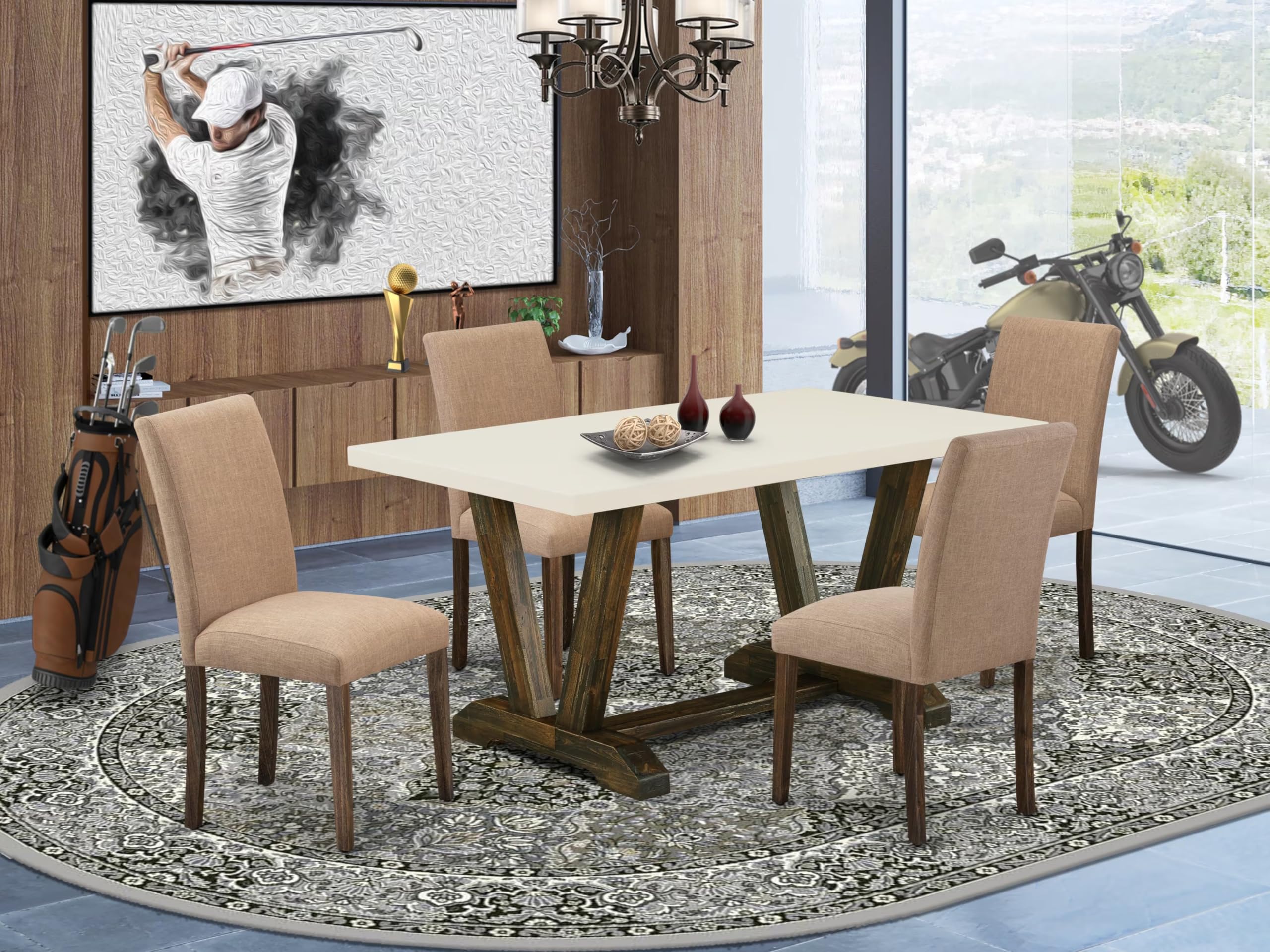 East West Furniture V726Ab747-5 5 Piece Dinette Set For 4 Includes A Rectangle Dining Room Table With V-Legs And 4 Light Sable Linen Fabric Upholstered Chairs, 36X60 Inch, Multi-Color