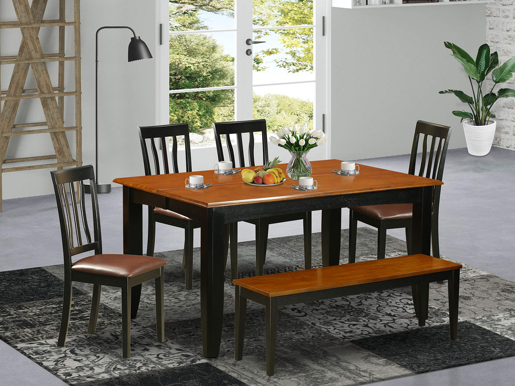 East West Furniture PFAN6-BCH-LC 6 Piece Dining Room Table Set Contains a Square Kitchen Table with Butterfly Leaf and 4 Faux Leather Dining Chairs with a Bench, 54x54 Inch, Black & Cherry