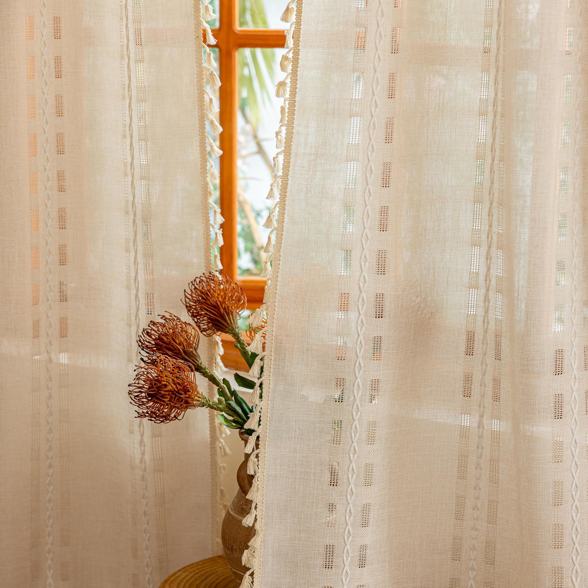 Boho Sheer Natural Curtains 84 inches Long 2 Panels for Living Room Bedroom,Farmhouse, Bohemian Beige Tassels country Light Filt