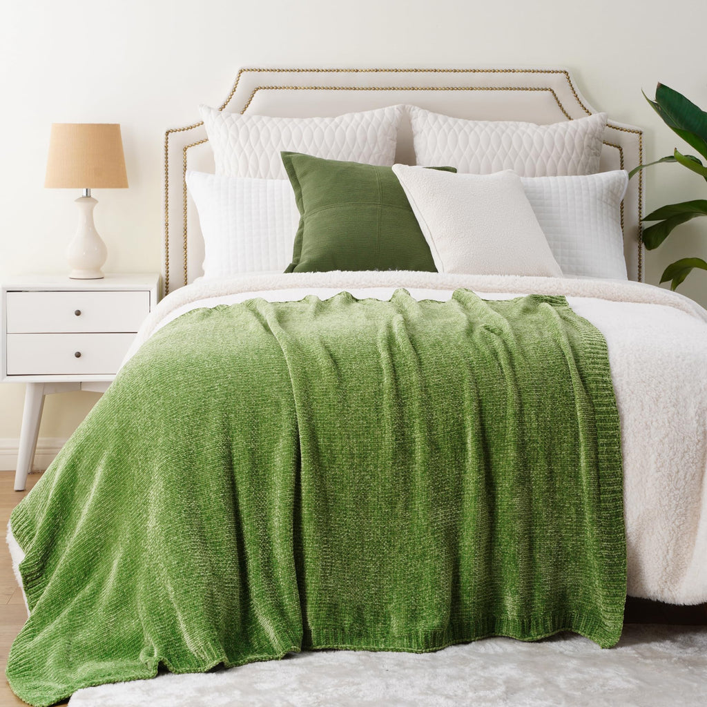 BATTILO HOME Chenille Knitted Throw Blanket for Couch, Spring Summer Green Throw Blanket for Home Decor, Decorative Cozy Soft Mo