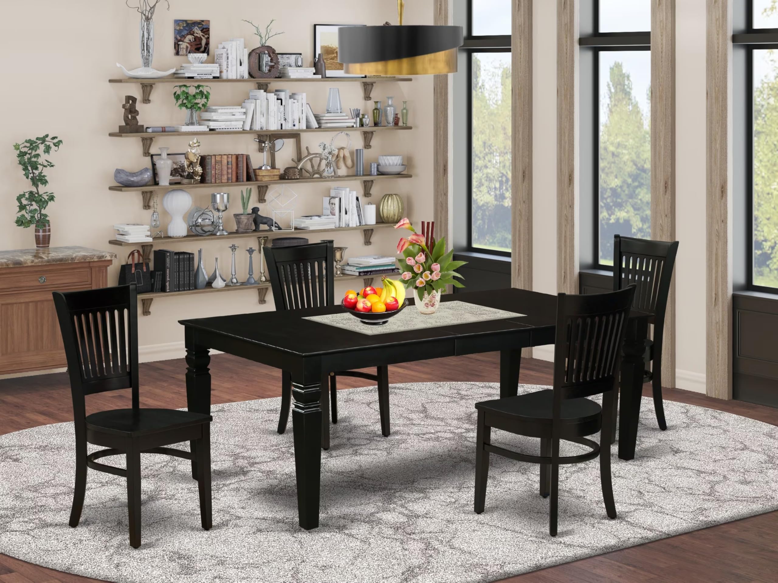 East West Furniture Lgva5-Blk-W 5 Piece Kitchen Table & Chairs Set Includes A Rectangle Dining Room Table With Butterfly Leaf And 4 Solid Wood Seat Chairs, 42X84 Inch, Black