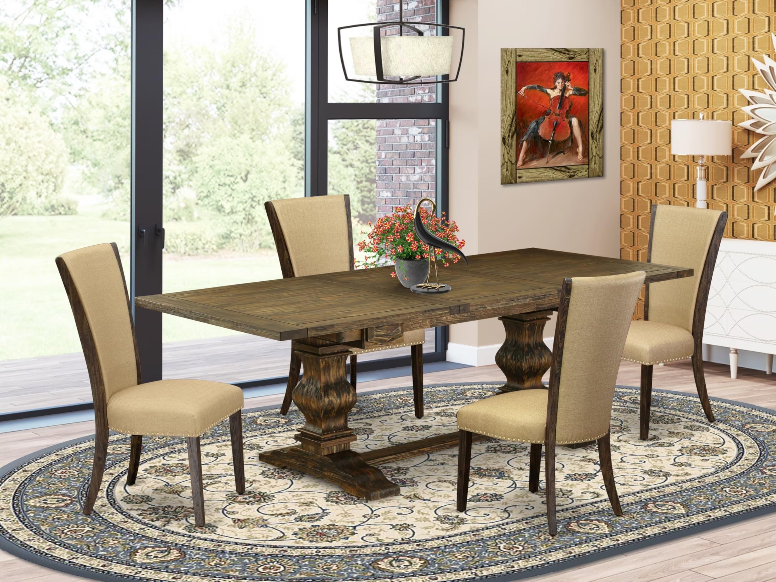 East West Furniture Lave5-77-03 5 Piece Dining Table Set Includes A Rectangle Dining Room Table With Removable Leaf And 4 Brown Linen Fabric Upholstered Chairs, 42X92 Inch, Jacobean
