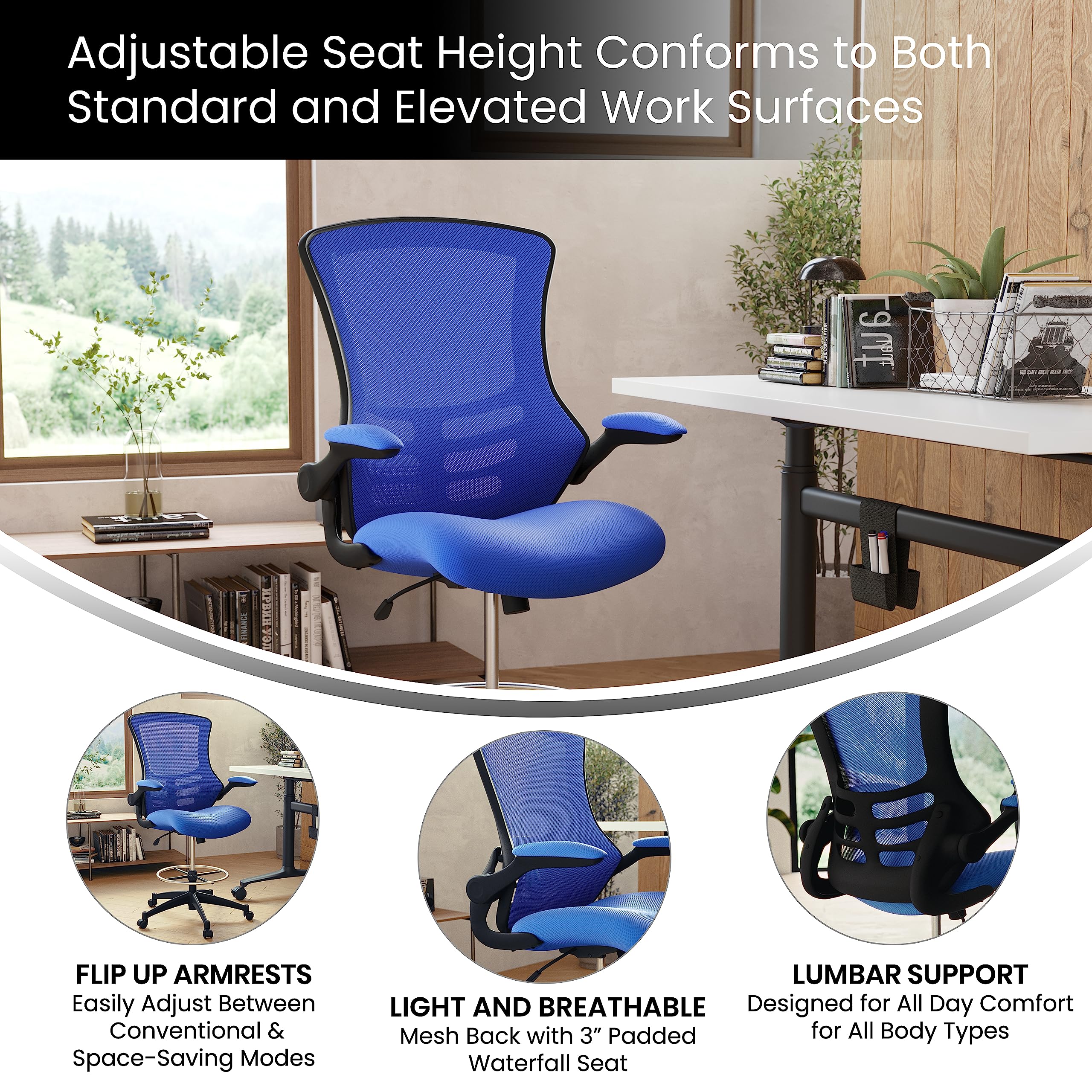Flash Furniture Kelista Mid-Back Swivel Office Chair with Adjustable Seat Height, Ergonomic Mesh Desk Chair with Flip-Up Armrests, Blue