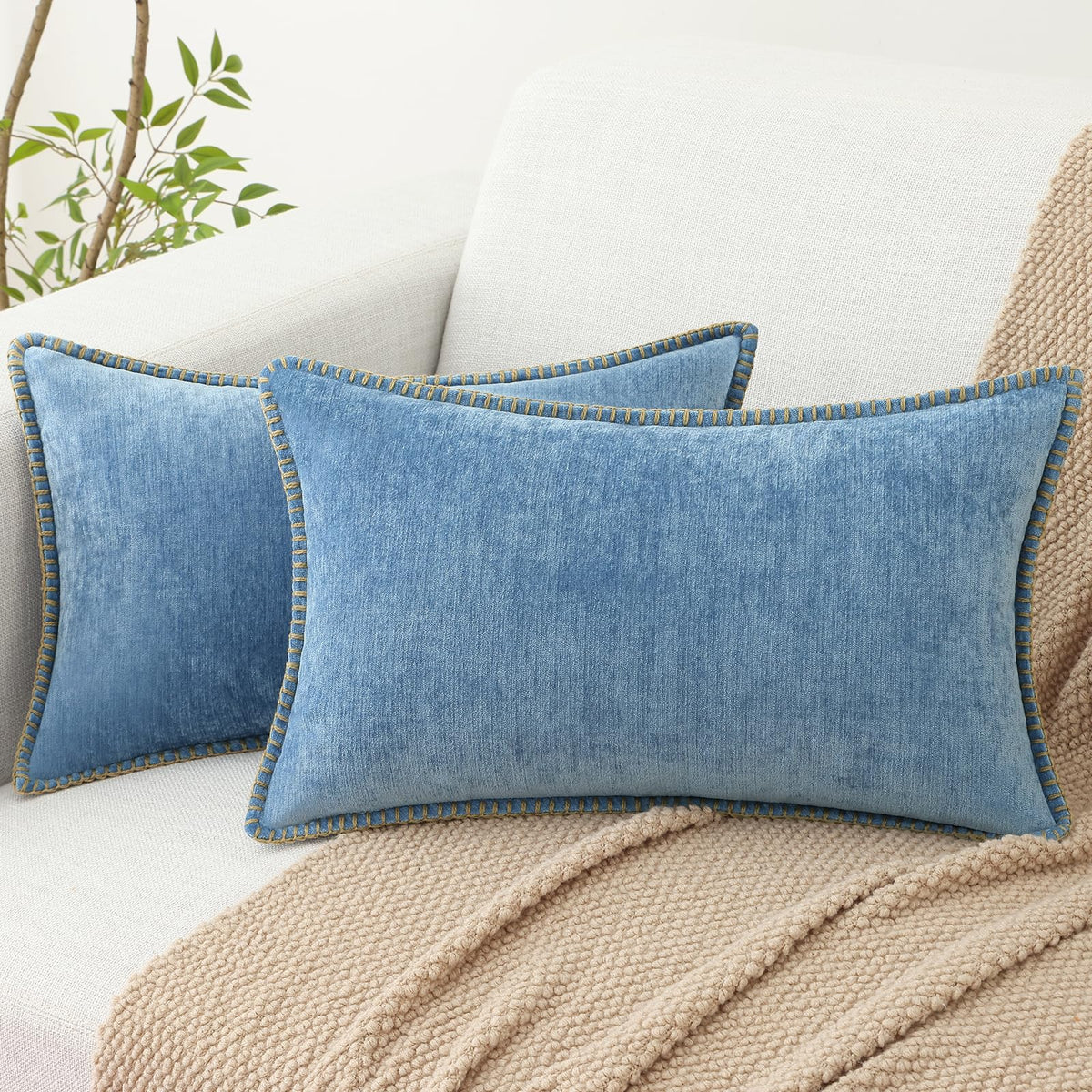 Decoruhome Chenille Soft Throw Pillow Covers 12X20 Set Of 2, Lumbar Velvet Farmhouse Pillow Covers, Decorative Pillow Covers Wit