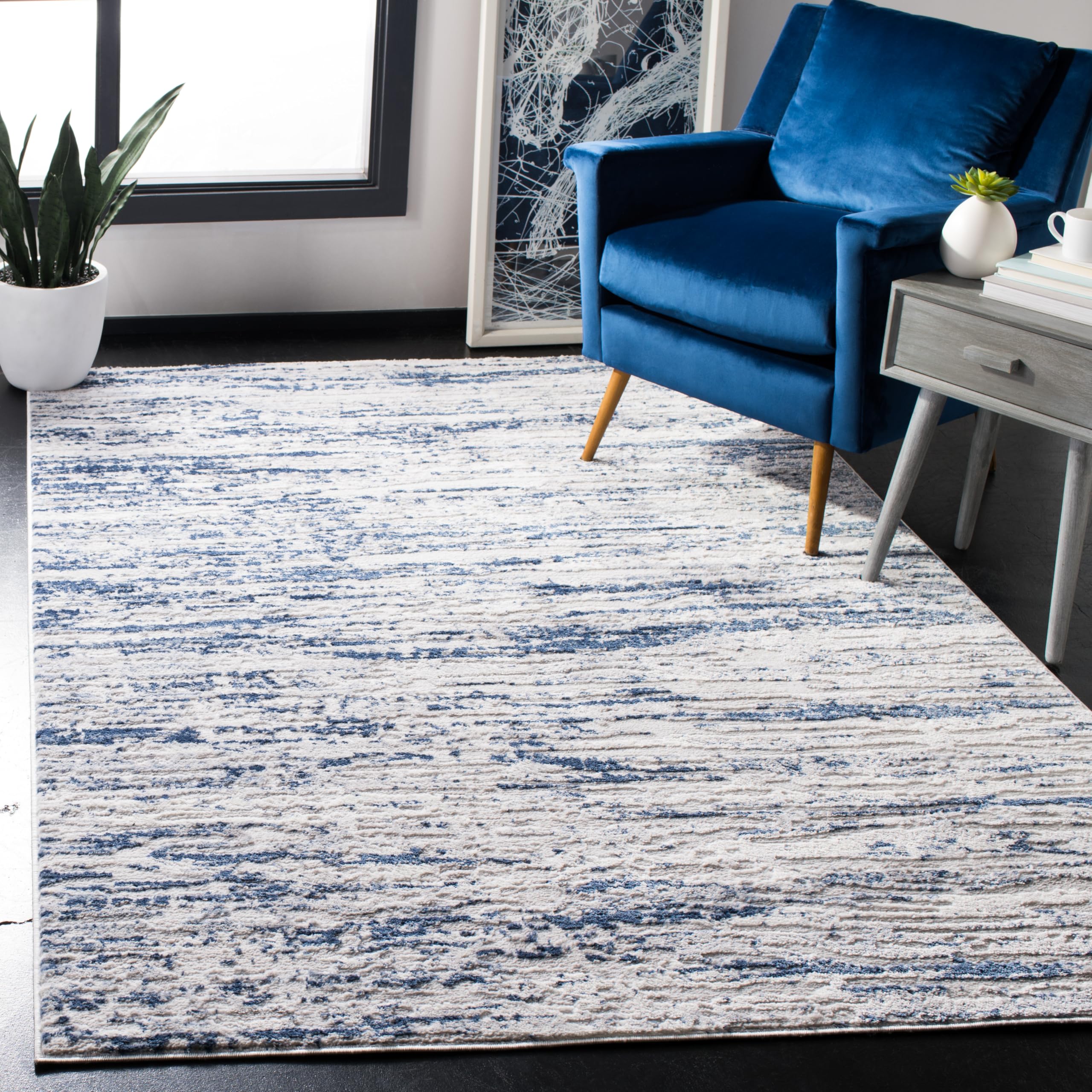 SAFAVIEH Amelia Collection Area Rug - 53 x 76, Grey & Navy, Modern Abstract Design, Non-Shedding & Easy Care, Ideal for High T