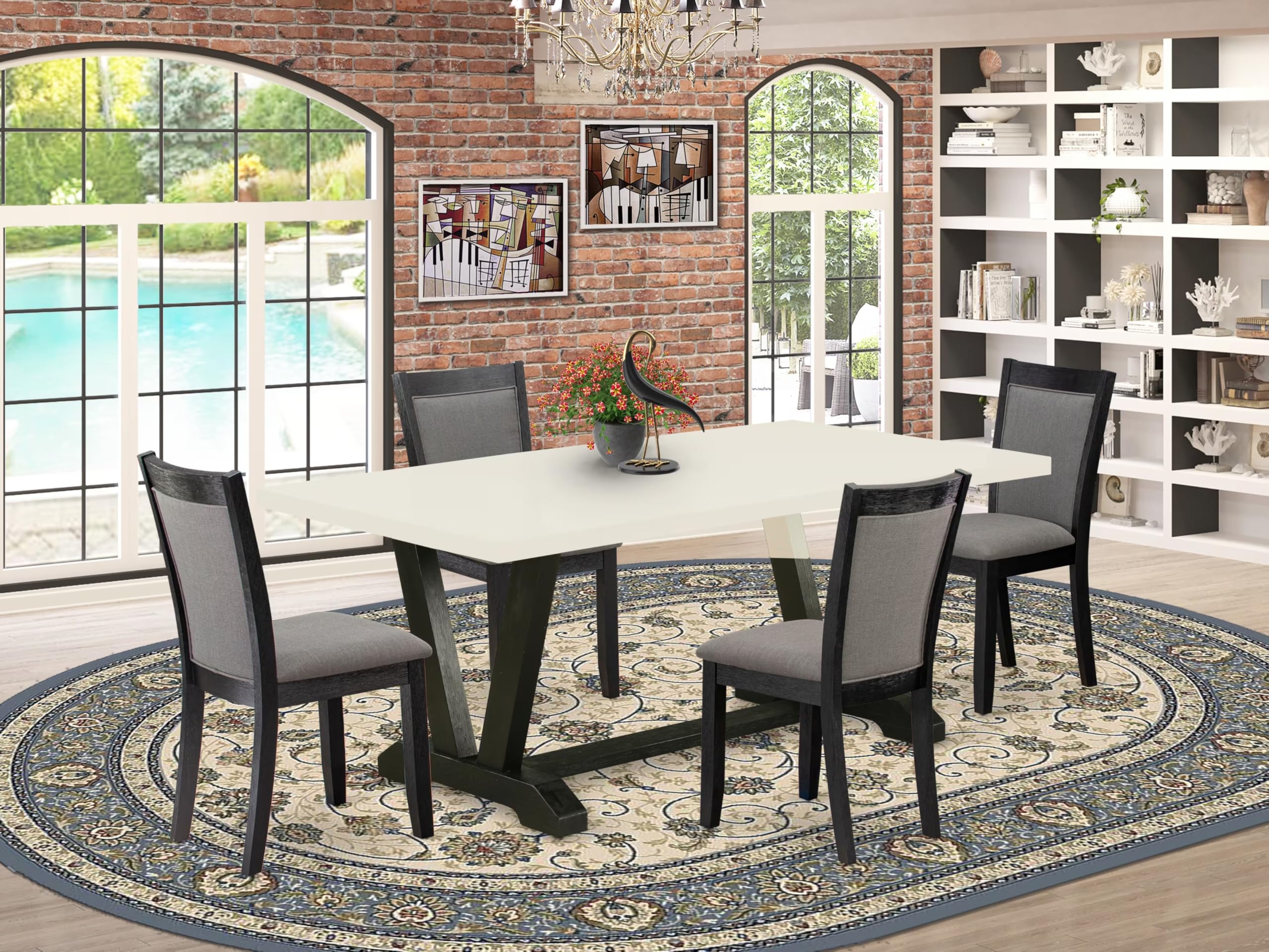 East West Furniture V627MZ650-5 5 Piece Dining Room Table Set Includes a Rectangle Kitchen Table with V-Legs and 4 Dark Gotham Grey Linen Fabric Parsons Chairs, 40x72 Inch, Multi-Color