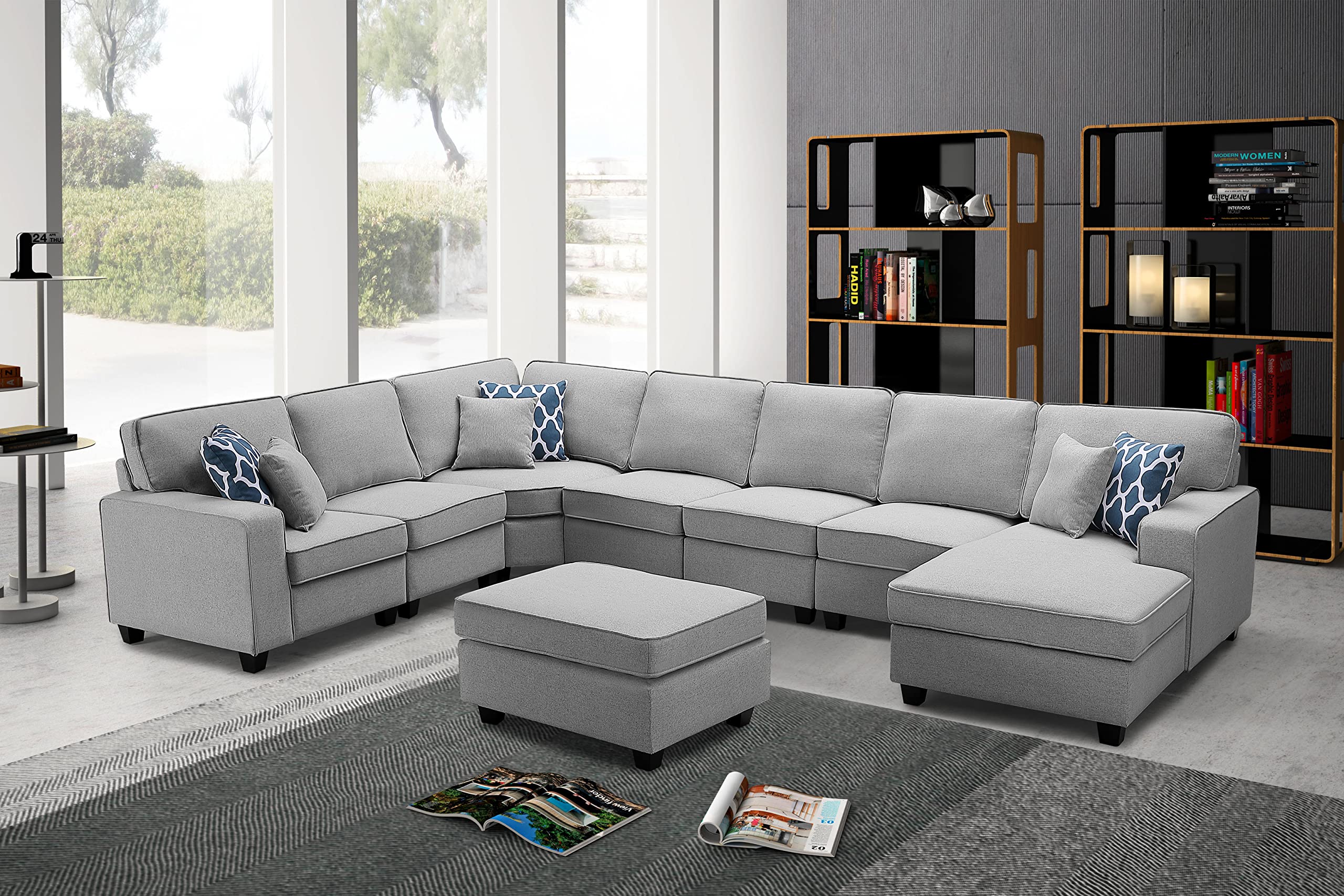 Lilola Home Irma Light Gray Linen 8Pc Modular L-Shape Sectional Sofa Chaise and Ottoman