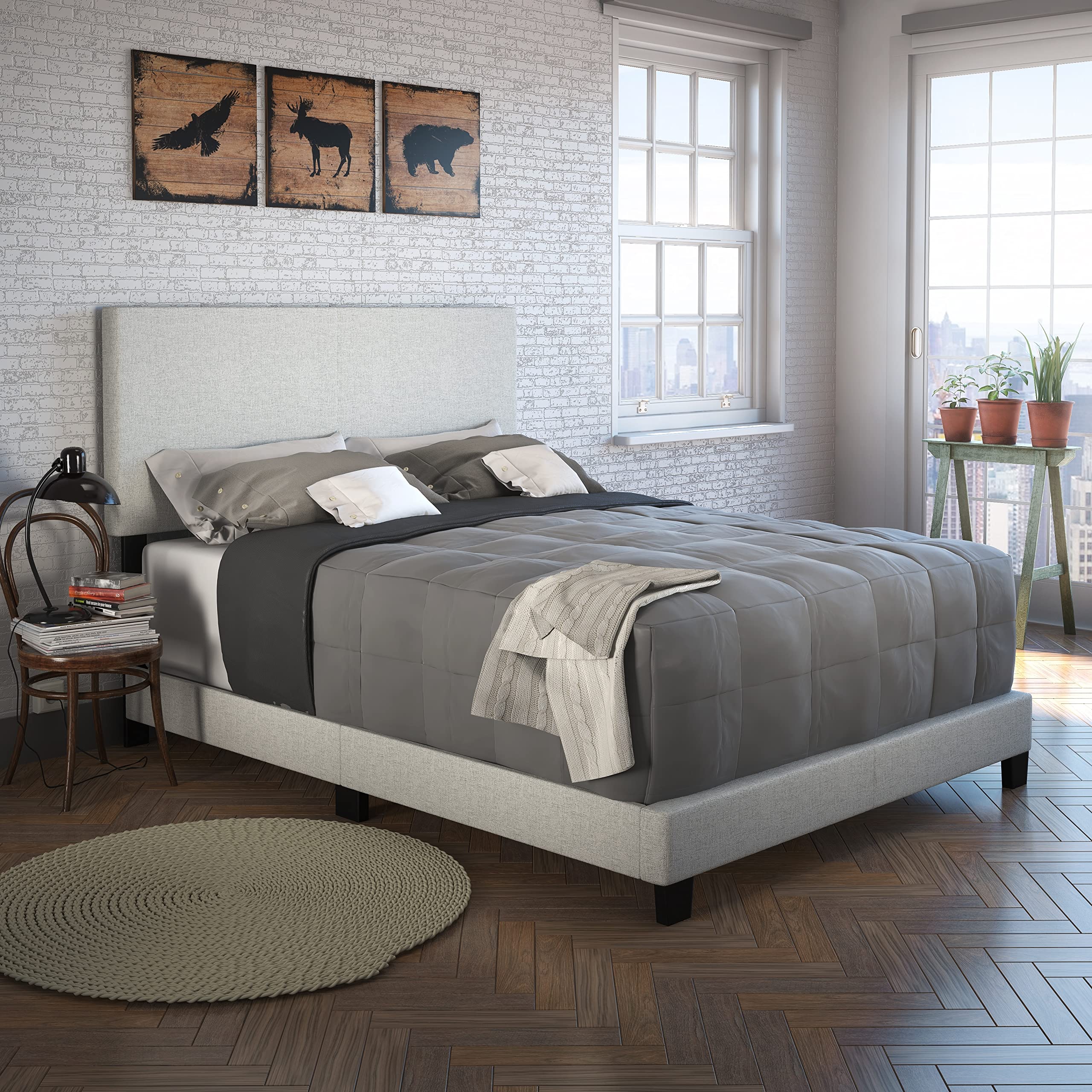 Sleep Sync Tivoli Cream Linen Upholstered Platform Bedframe Panel Bed, Platform Bed Full