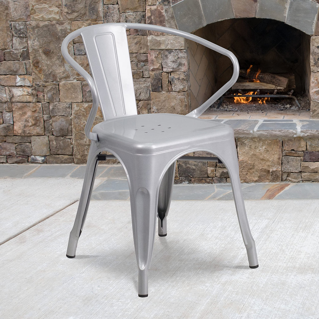 Flash Furniture Luna Commercial Grade Silver Metal Indoor-Outdoor Chair with Arms