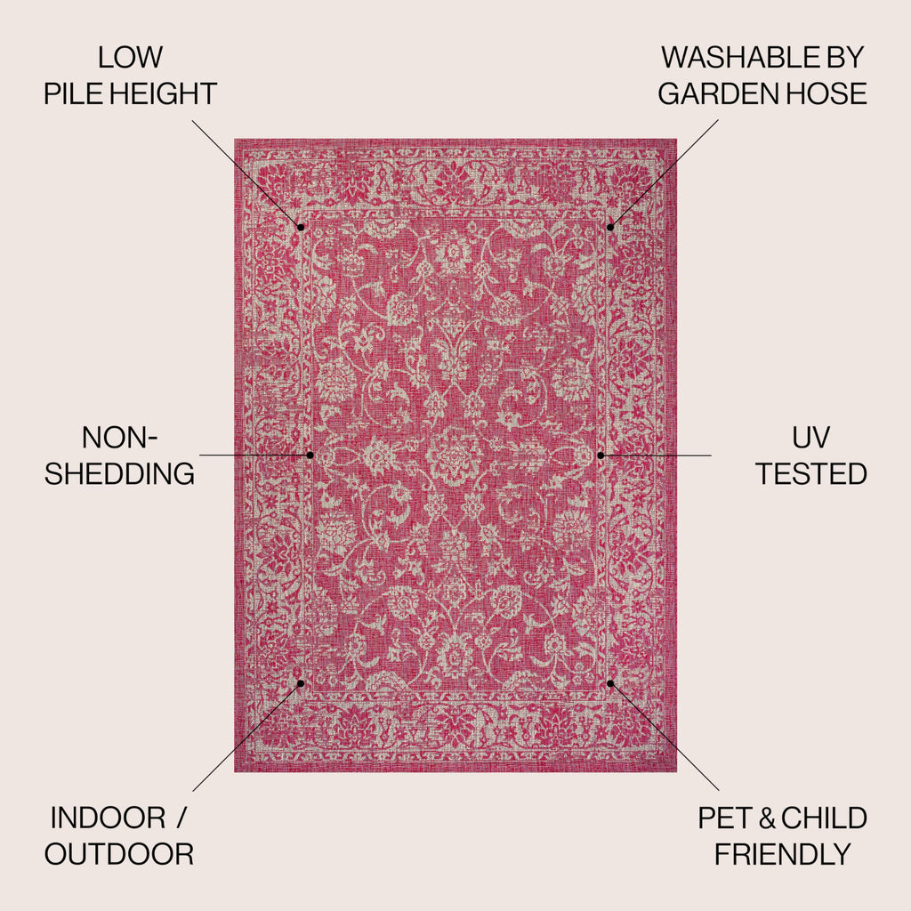 Jonathan Y Smb100G-5Sq Tela Bohemian Textured Weave Floral Indoor Outdoor Area Rug, Coastal Traditional Transitional Easy Cleaning,Bedroom,Kitchen,Backyard,Patio, Fuchsia/Light Gray, 5' Square