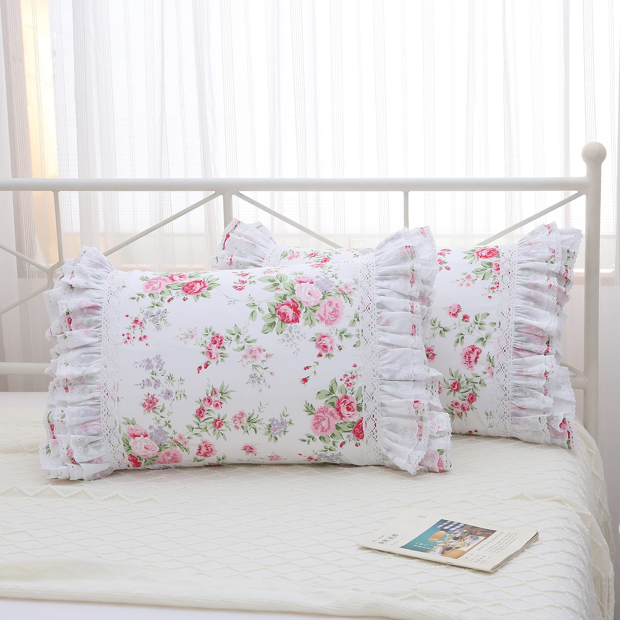 Meaning4 2-Pack Rose Floral Print Pillow Shams With Lace Ruffles Shabby Chic Queen Size Pillowcases 20 X 30 Country Vintage Styl