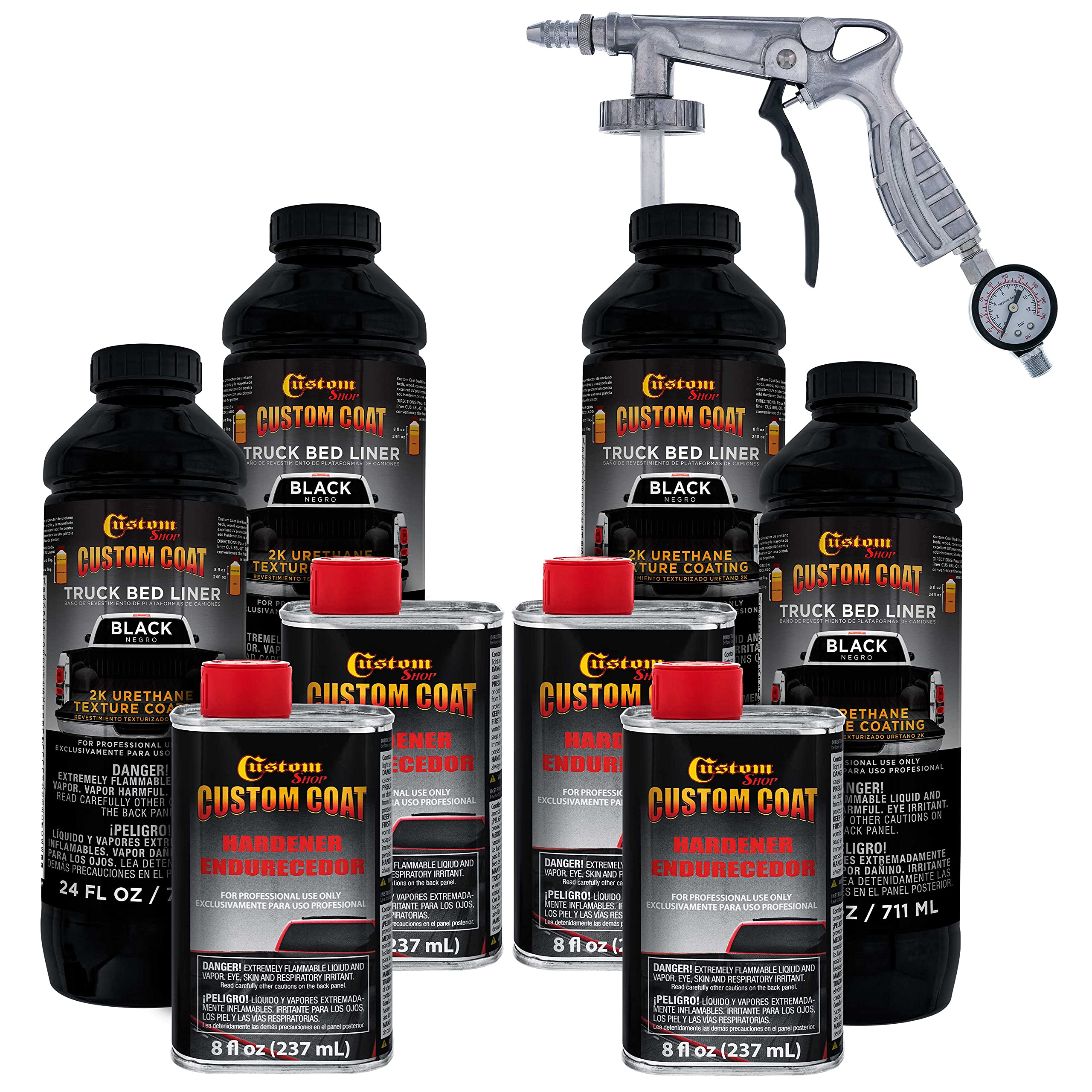 Custom Coat Black 1 Gallon Urethane Spray-On Truck Bed Liner Kit With Spray Gun And Regulator - Easy 3 To 1 Mix Ratio, Just Mix,