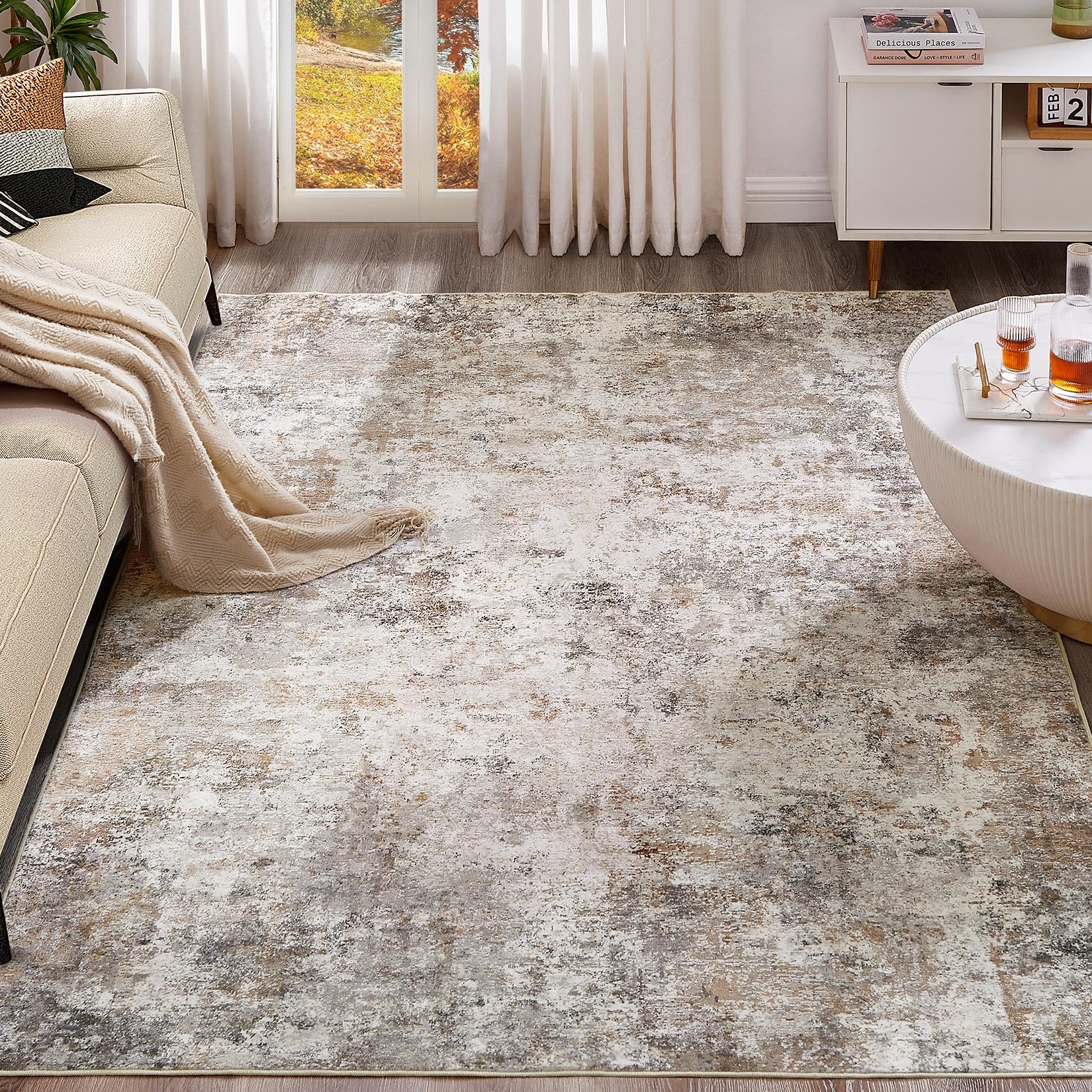 UERMEI 8x10 Area Rug Living Room Rugs - Washable Neutral Modern Abstract Soft Thin Large Rug Indoor Floor No Slip Rug Carpet for